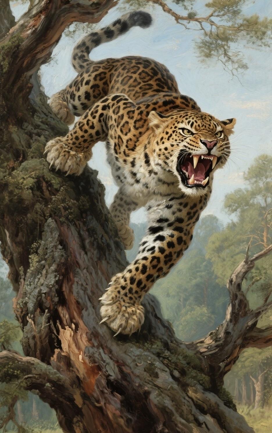 精美壁纸（707）🌈📝这幅写实油画里，一只豹子怒目圆睁，眼神凶狠暴戾，面部