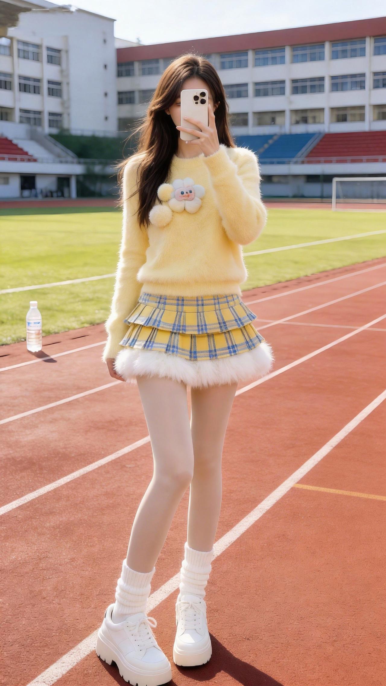 跑道的阳光裹着鹅黄毛衣，软乎乎得像颗刚拆的柠檬糖～格纹裙加了毛绒边，甜暖得连风都