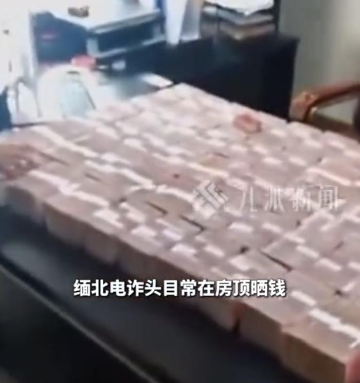 “钱多到发霉！”一男子是缅北诈骗头子。他钱多的长霉斑，只能在房顶晒。他雇人看库