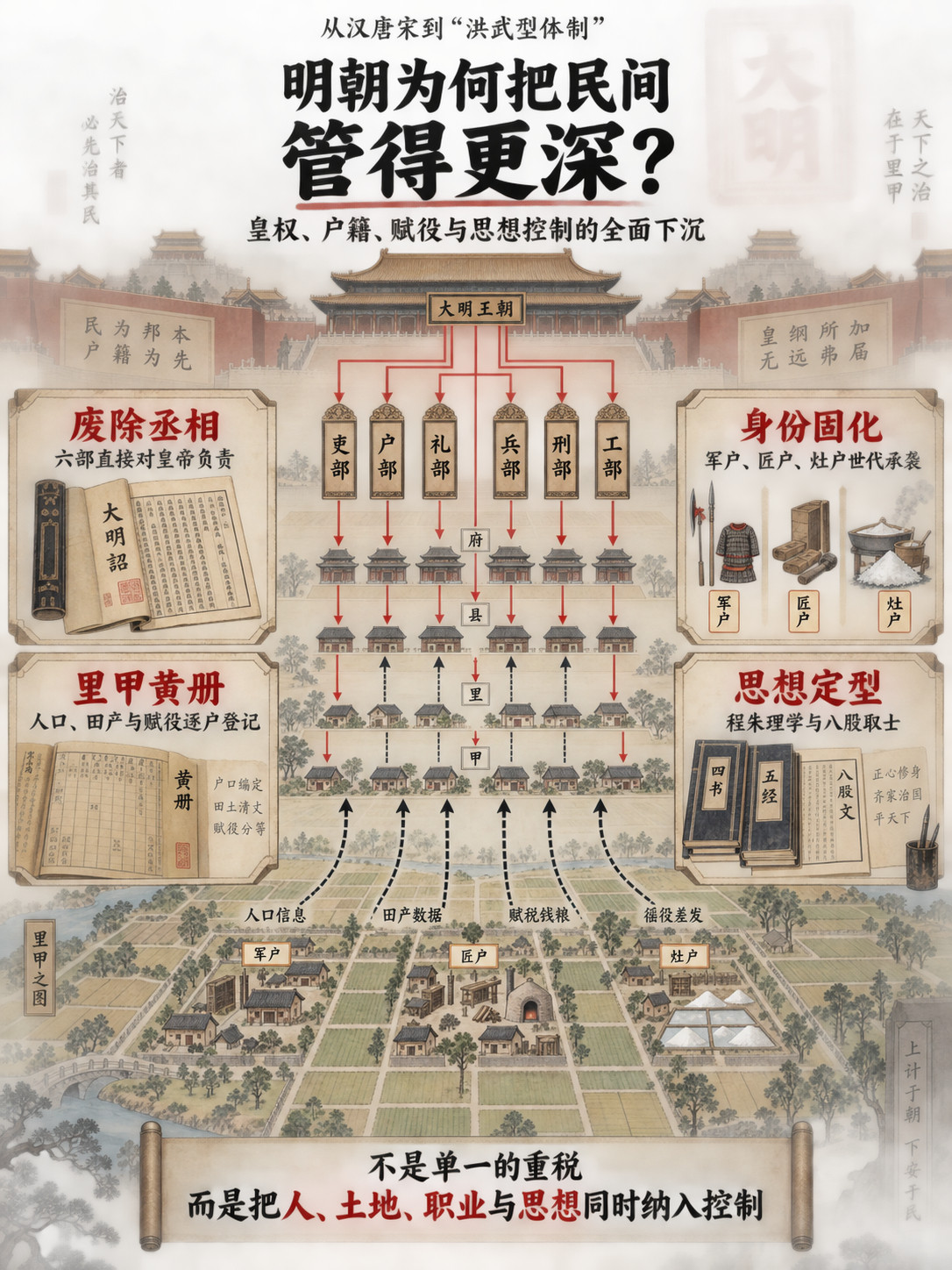 朱明作为最后一个汉人王朝，为什么对于民间的汲取和管控远远超过之前的汉唐宋？Claude对此解答：这个