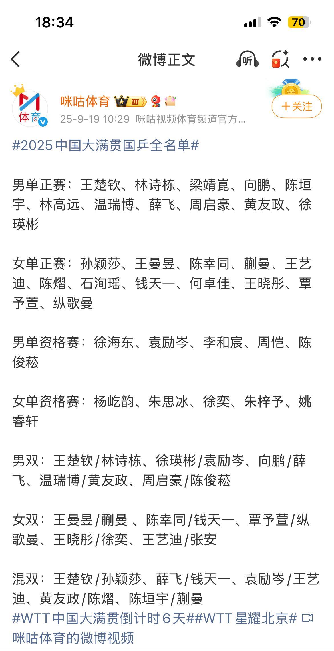 中国大满贯赛这排出的人员名单，让其他国家看到，惊出一身冷汗吧。国乒最强的阵容全上