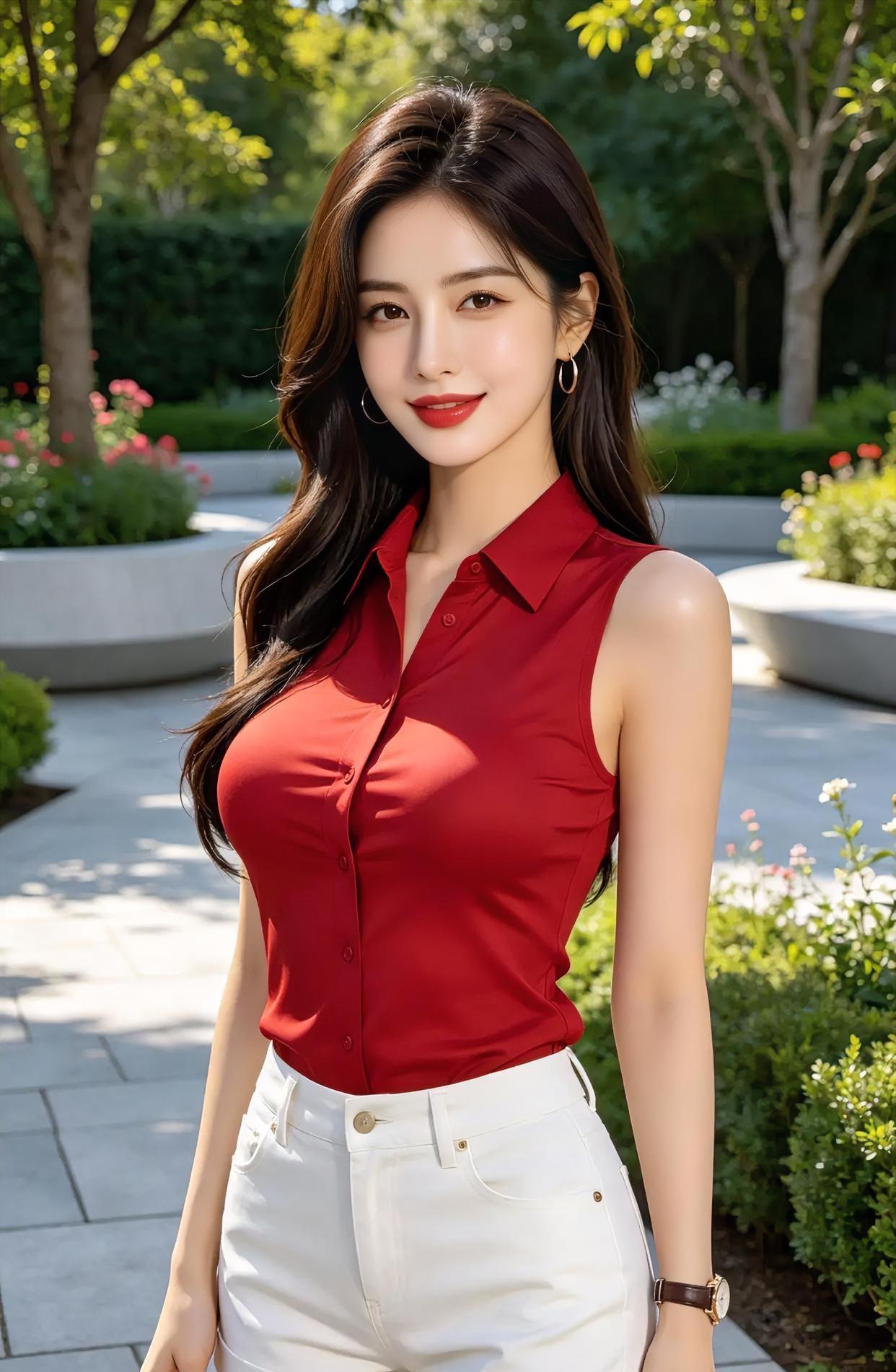 阳光筛过树叶，正巧落在她笑涡里。红衫明亮，白裤清爽，卷发随风轻扬。