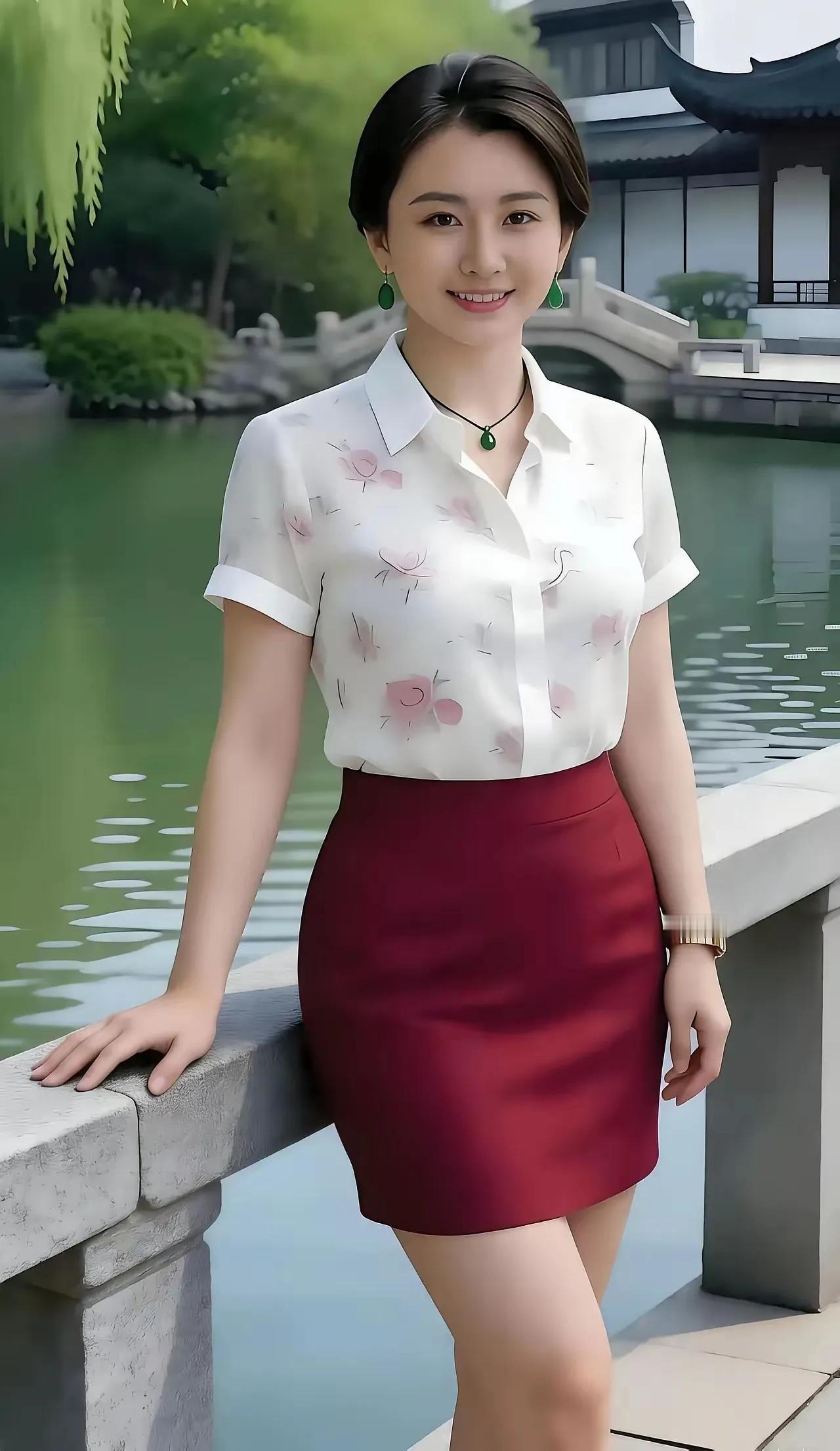 水清白云淡，风摇柳丝颤。游园观美景，含笑依栏站。