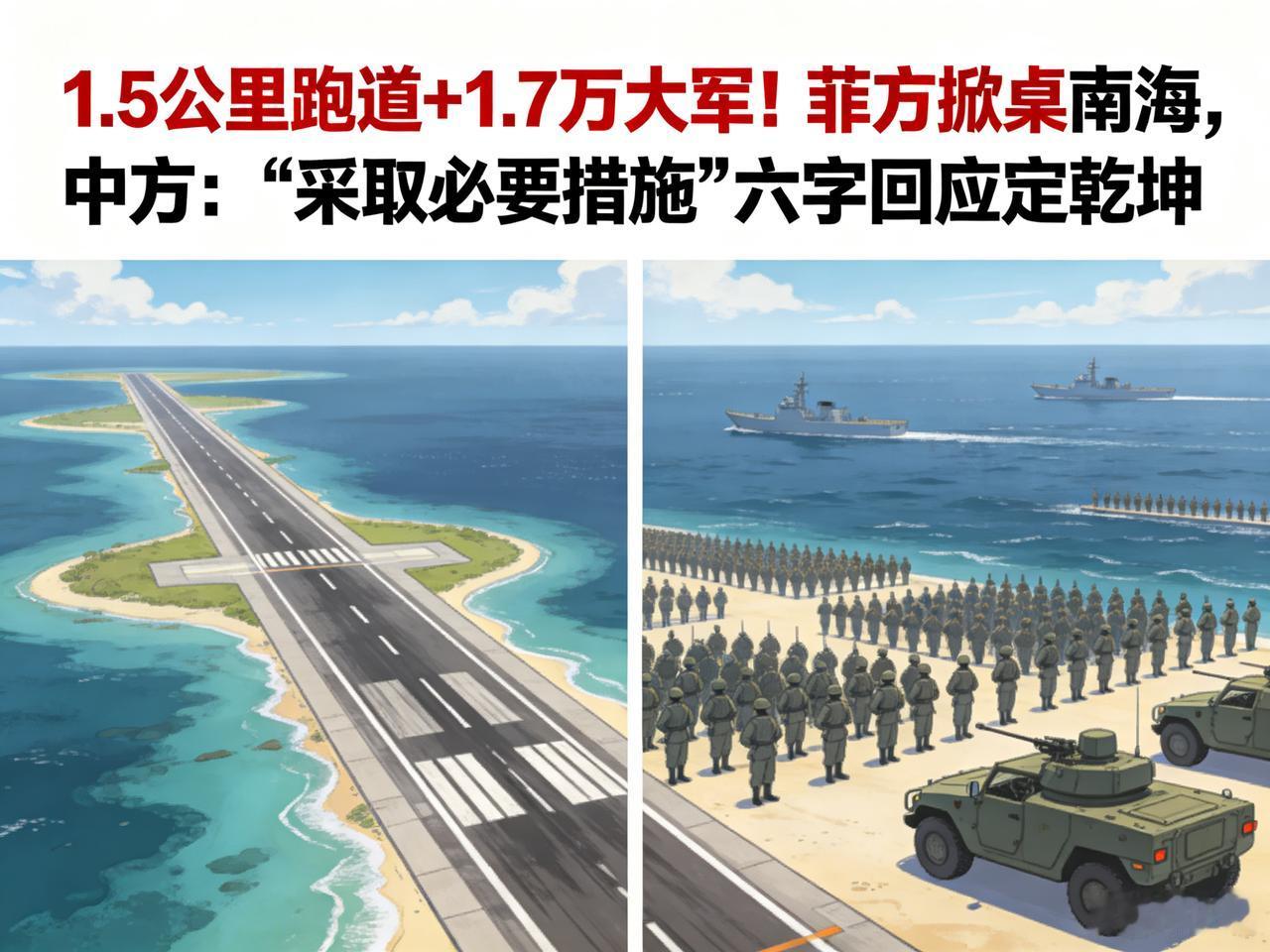 1.5公里跑道+1.7万大军！菲方掀桌南海，中方六字回应定乾坤南海这张牌桌上