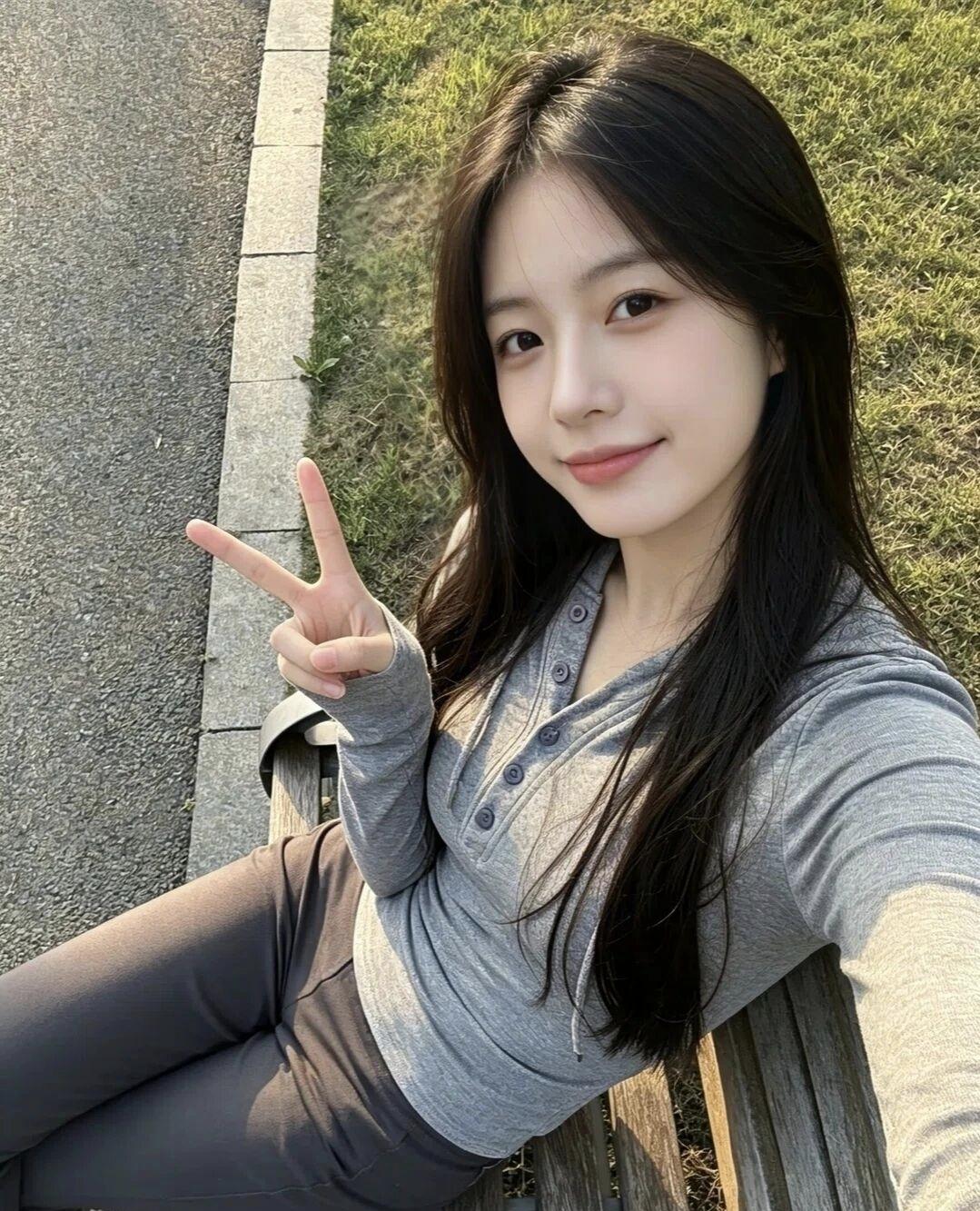 阳光下的甜美笑容，比个胜利手势，元气满满的一天！🌞😊