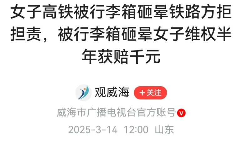 广东深圳，一女子坐高铁，被前座乘客28寸行李箱砸在脑袋上，她立马眼前一黑，晕死过