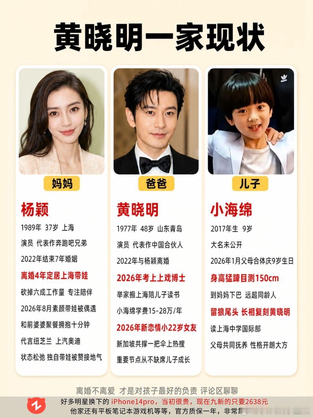 黄晓明一家三口现状：离婚4年各自安好。黄晓明杨颖小海绵娱乐圈八卦