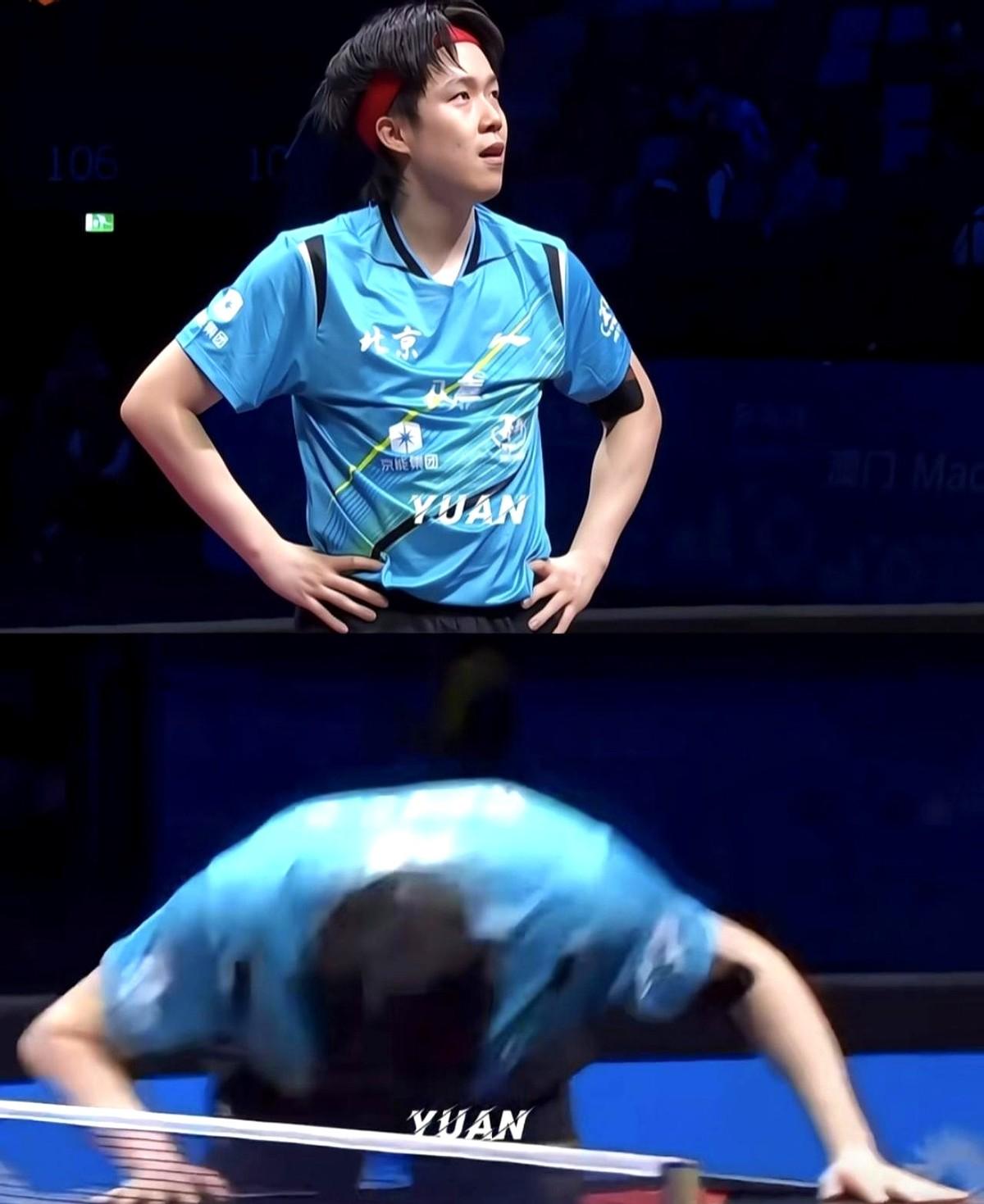 第一次看头哥这样。刚才差点磕到台上，估计是后悔最后拉丢的那个球，本来还有机会