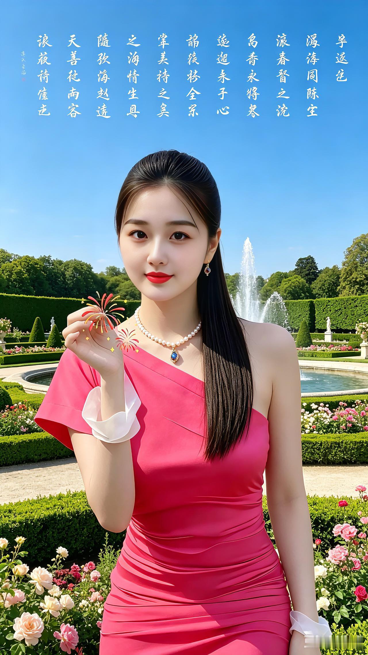 皇家花园美女顺口溜（邀续尾）佳人伫立皇家园红妆娇俏意绵绵珍珠项链颈间绕宝