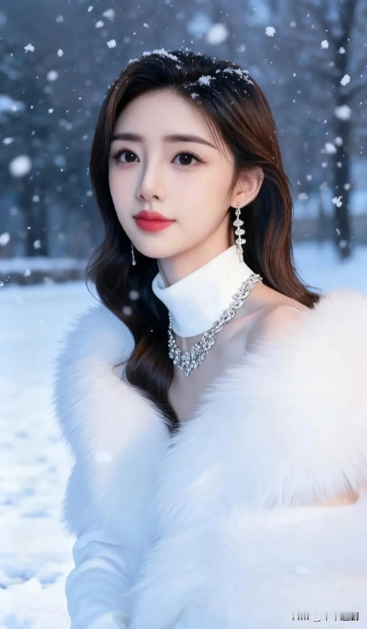 雪地中的纯白裘衣，搭配精致钻饰，勾勒出冰雪女王般的优雅模样雪地氛围女孩雪衣美