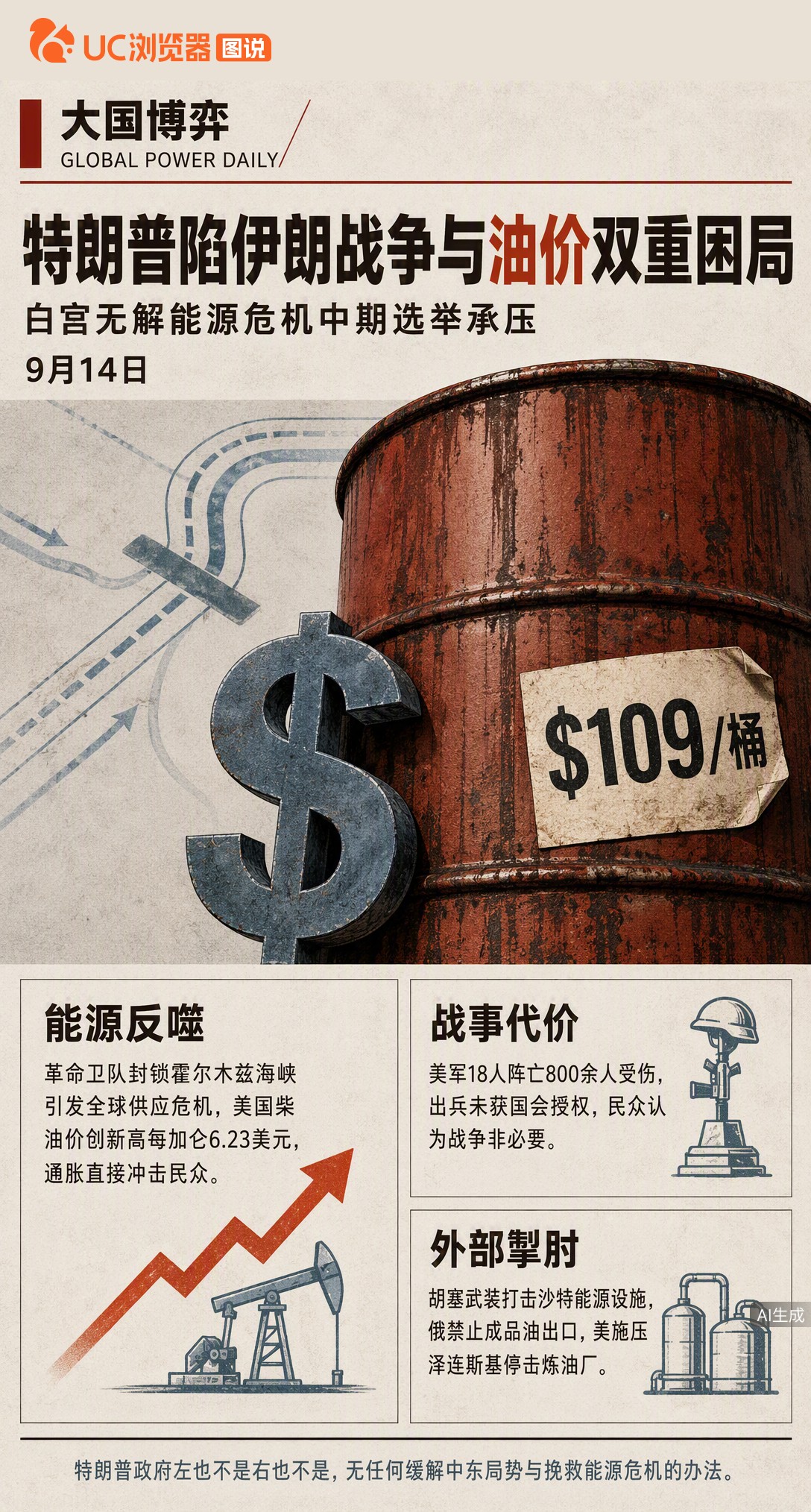 据美媒报道，油价飙至109美元、柴油创新高，白宫因中东局势陷入焦虑。美军伤亡不断却难破局，想停火怕挨