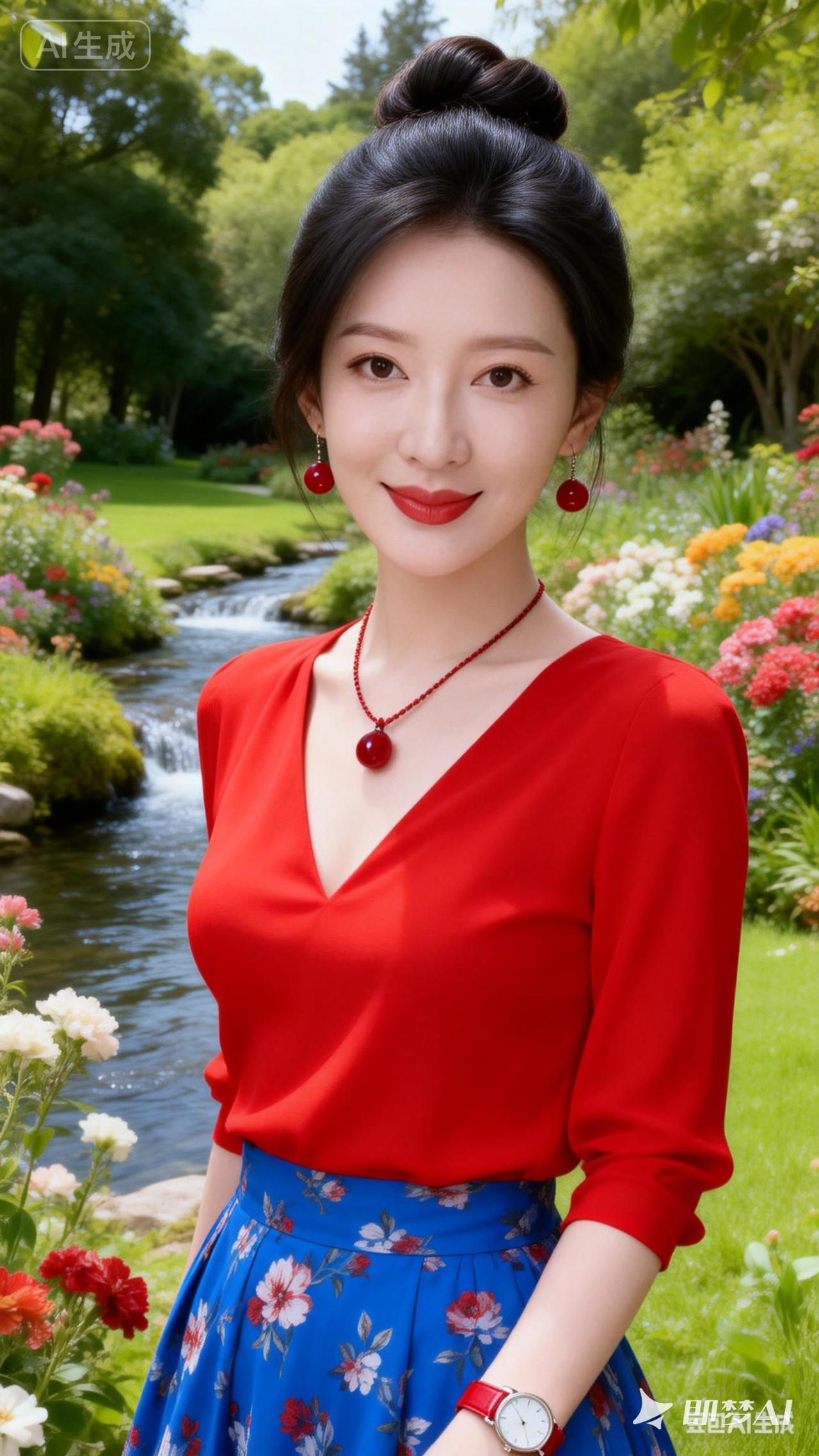 在花海中绽放，红裙与绿意相映成趣，自然与优雅并存。