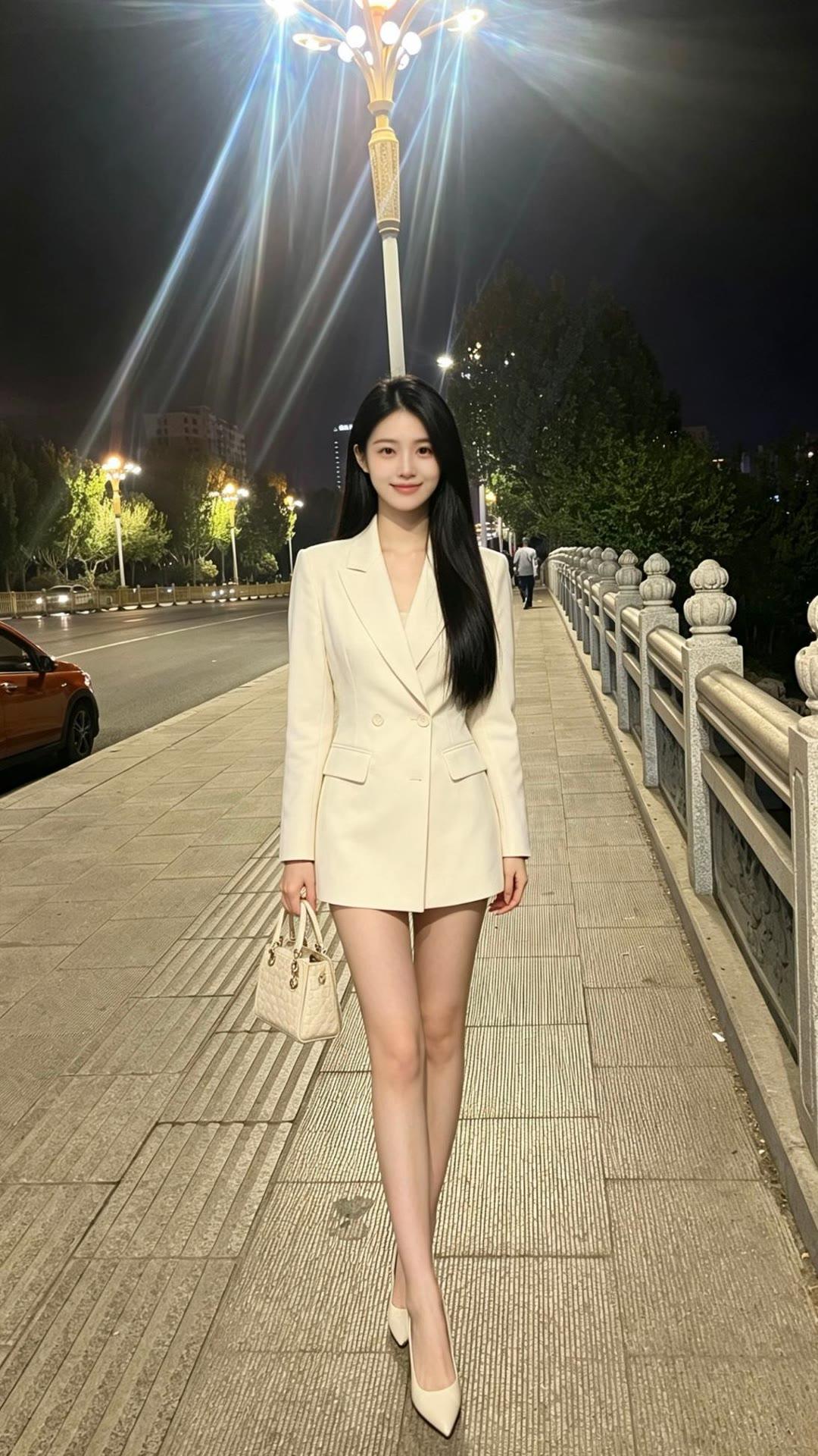 米白色收腰西装，搭配同色高跟鞋，清爽干练又精致。
