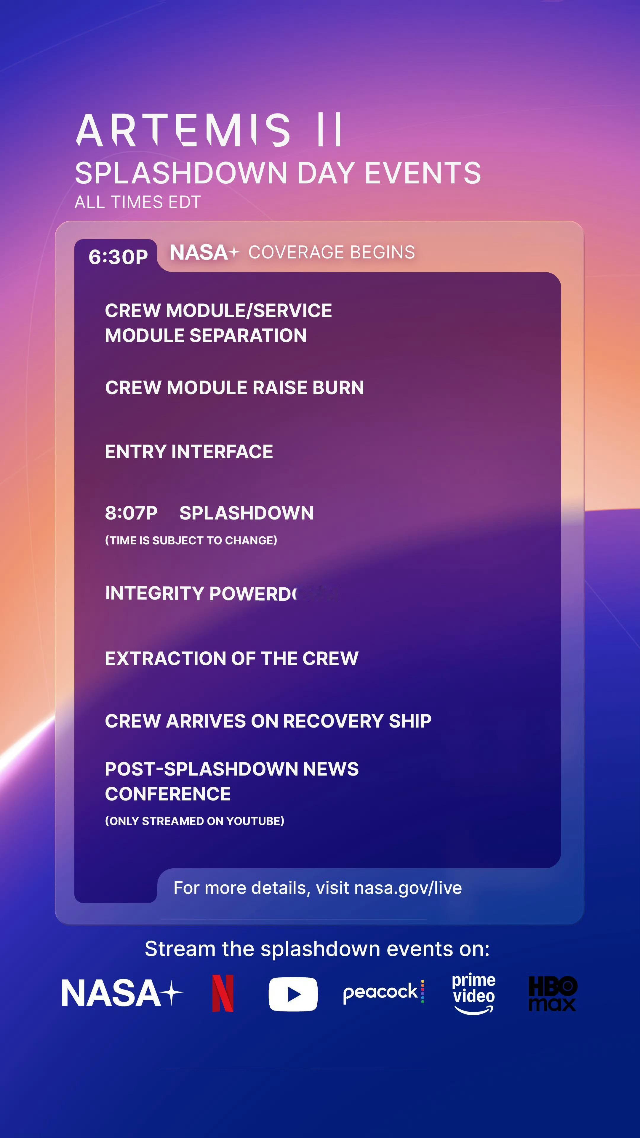返回时序表阿尔忒弥斯2号。美东时间4月10日晚上8时07分（北京时间4月11