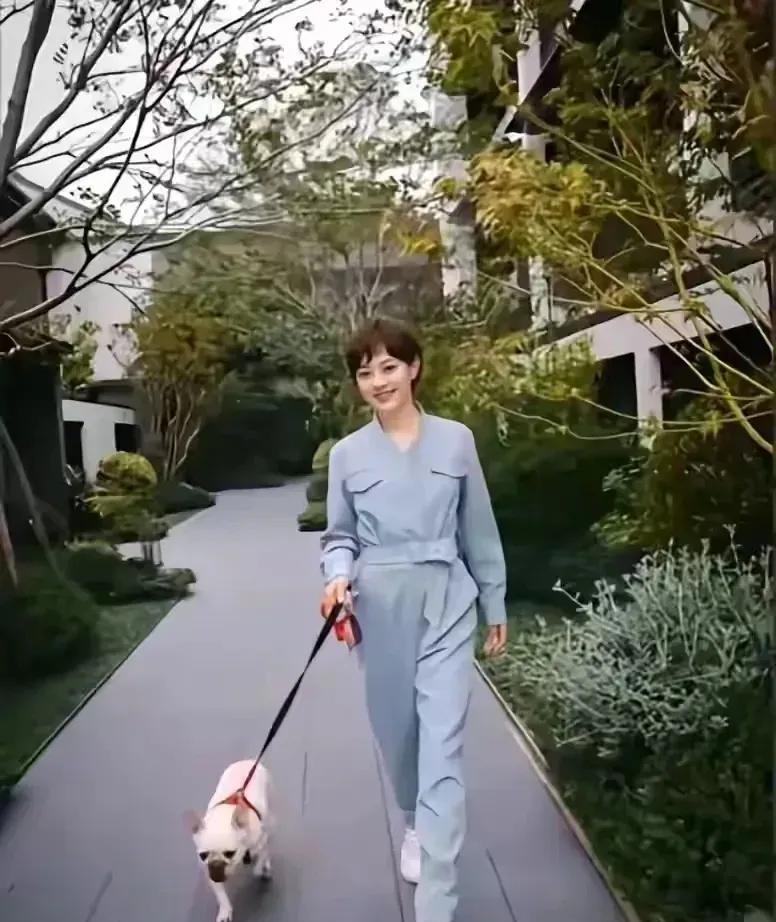 孙俪穿着蓝色的套装，牵着小狗走在小公路上，她迷人的气质，温婉可人，魅力四射。孙