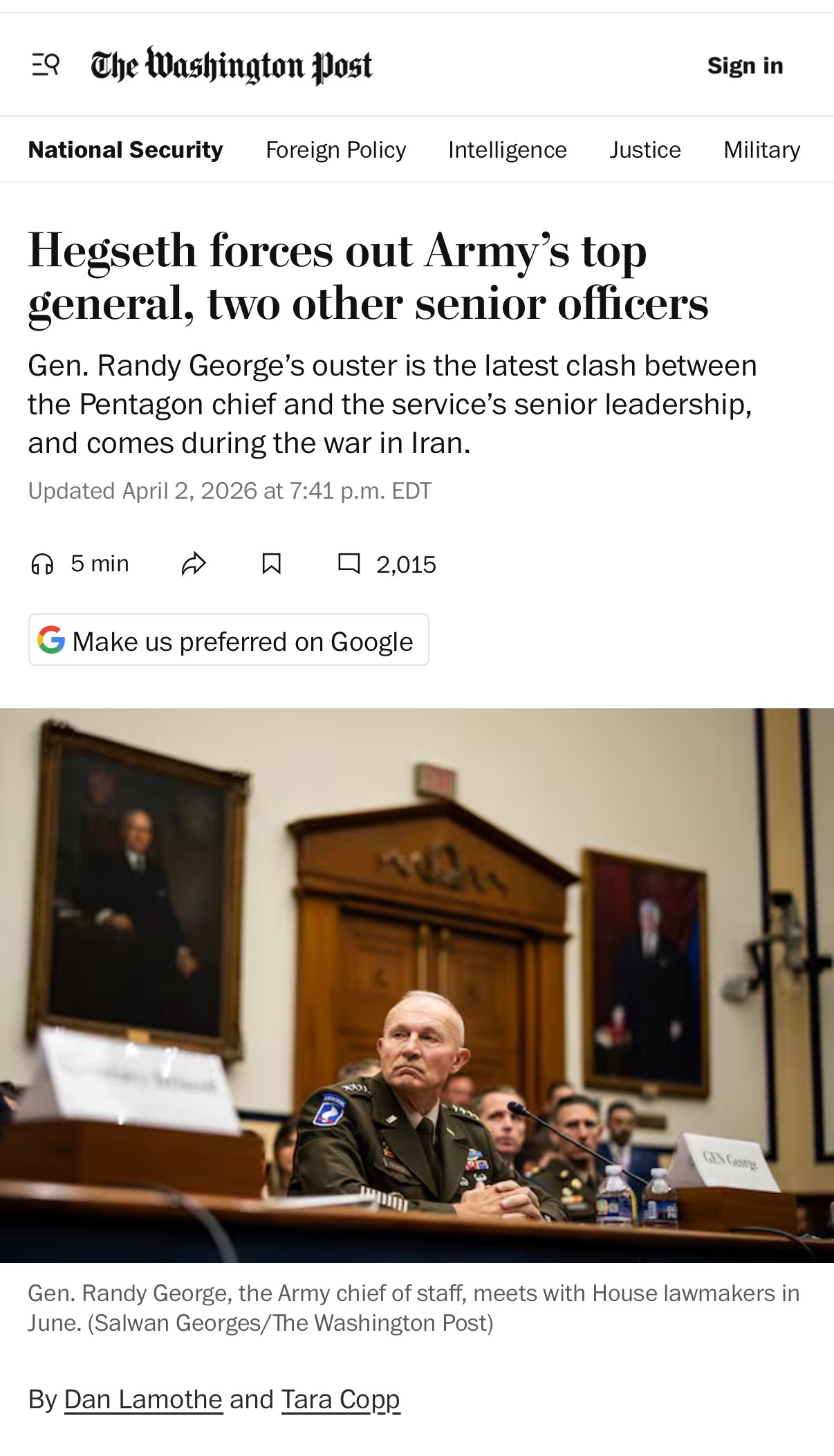 🔻《华盛顿邮报》说：皮特·赫格塞斯在一天内解雇了三名美国陆军高级将领，包括兰迪