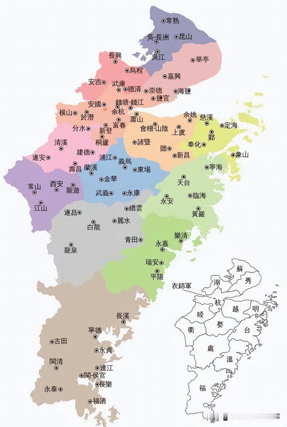 南唐和吴越的管辖区域分析，在五代十国时期的行政单位数量有较大差异，南唐作为十国中