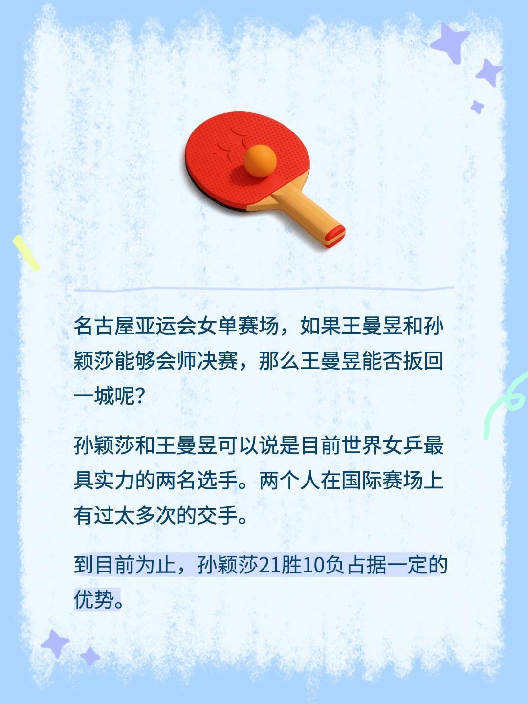 名古屋亚运会女单赛场，如果王曼昱和孙颖莎能够会师决赛，那么王曼昱能否扳回一城呢？