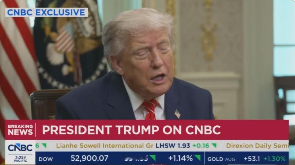 美国总统特朗普今天（北京时间7月3日）接受CNBC专访。CNBC知名主持人乔·