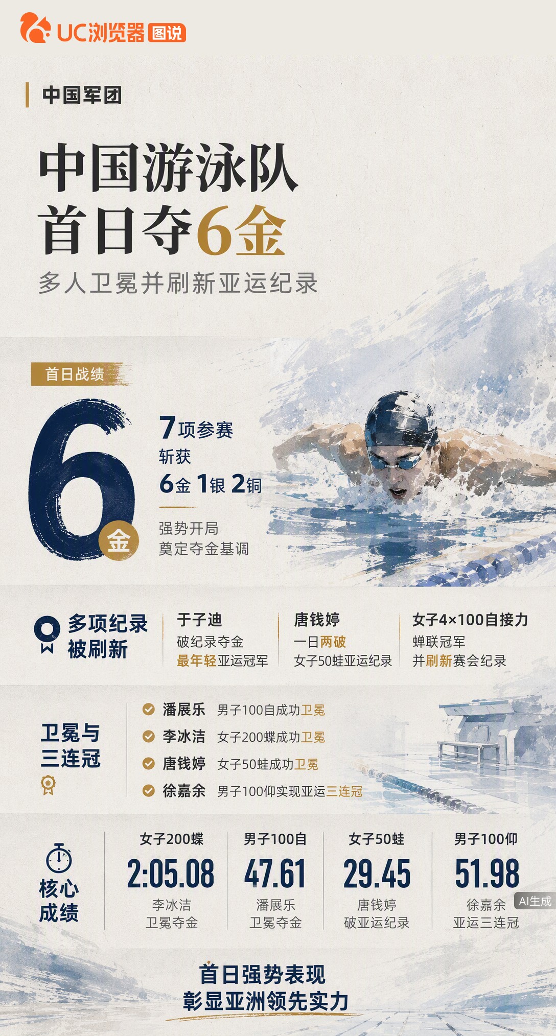 名古屋亚运游泳首日，中国队7项揽6金！徐嘉余三连冠，潘展乐、李冰洁卫冕；于子迪破纪录成最年轻冠军，唐