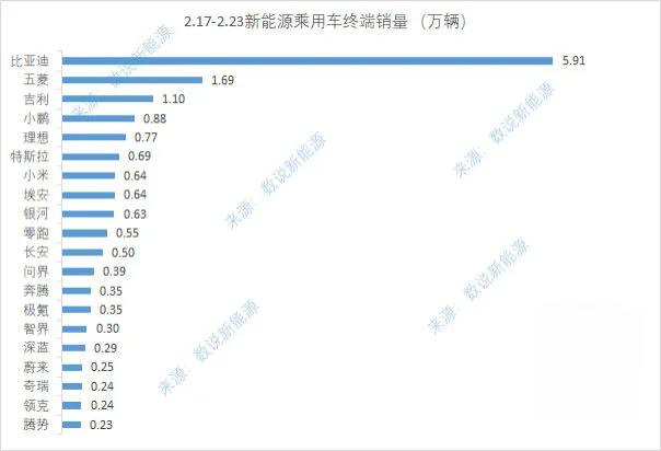 2025年第八周（2.17-2.23号）中国新能源品牌销量出炉，比亚迪5.91万