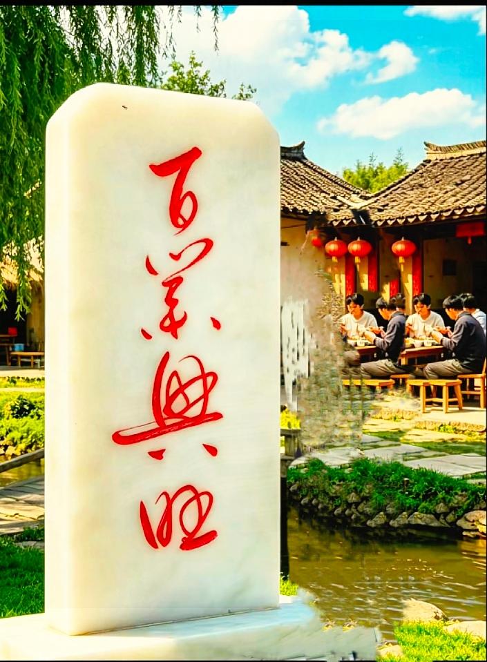 不用提示，一眼认出四字的都是书法爱好者水乡古村落里这块汉白玉石碑，四字红草书