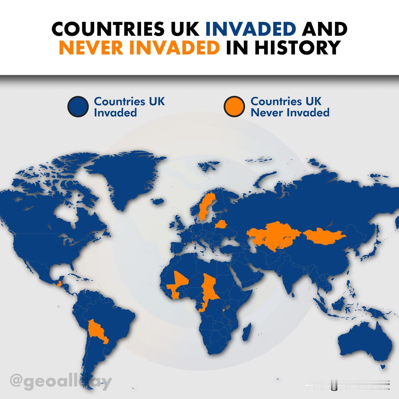 国外网友做的图，蓝色是历史上曾经被英国侵略过的国家，黄是是历史上没有被英国侵略过