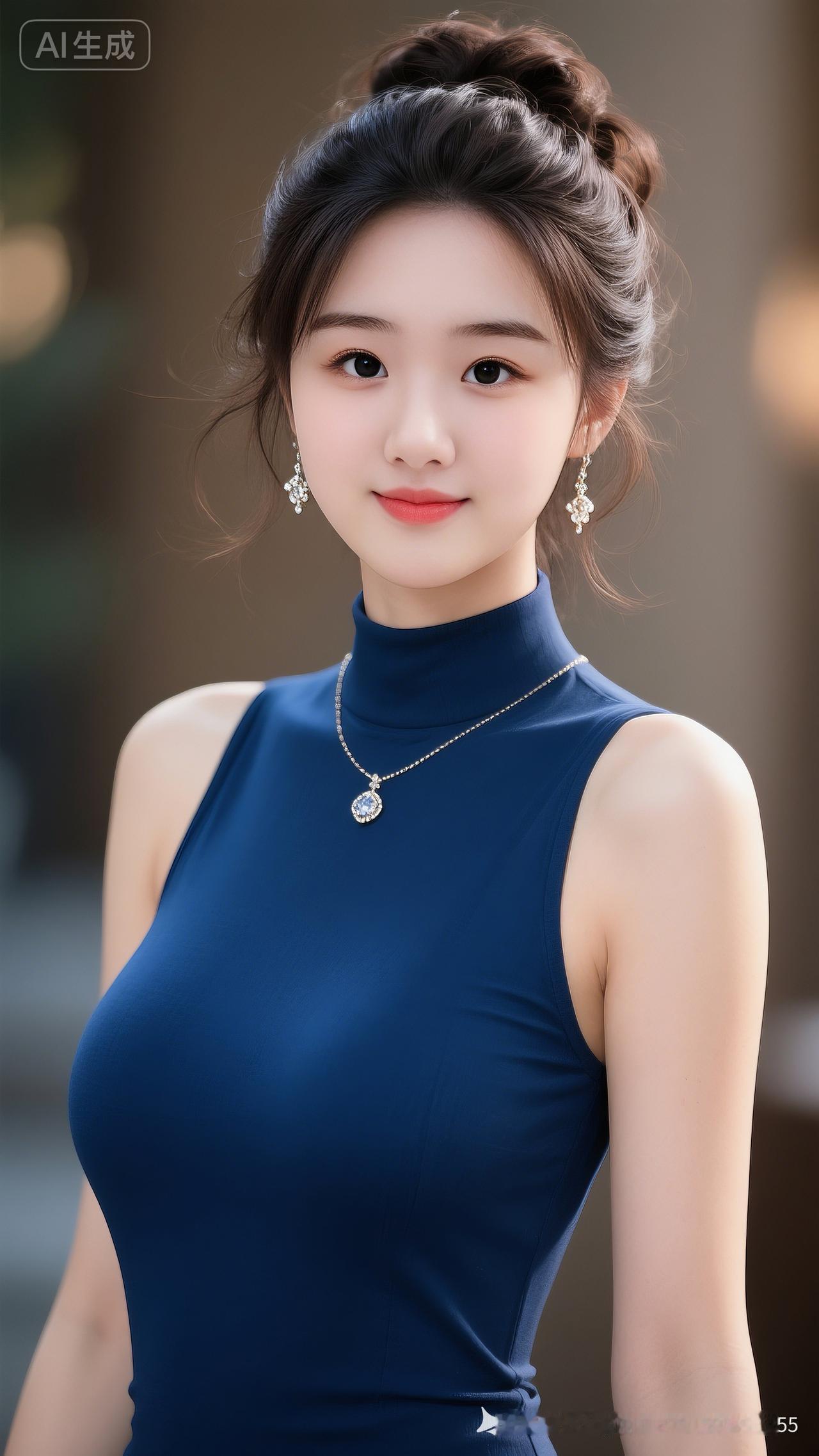 优雅蓝裙，闪耀耳环，自信微笑，完美造型！