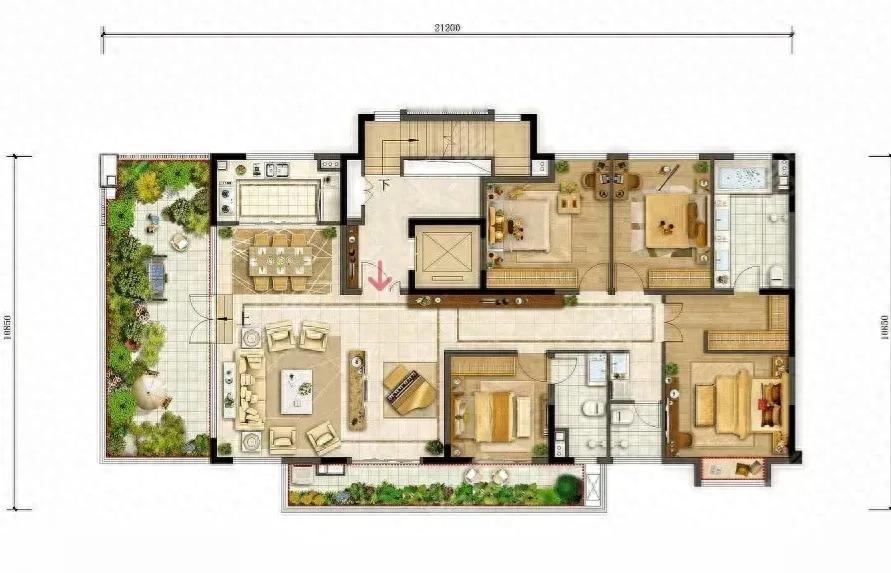 非常特别的209.8㎡的扁平化的洋房花园户型，钢琴厅和沙发厅形成了横向布局。
