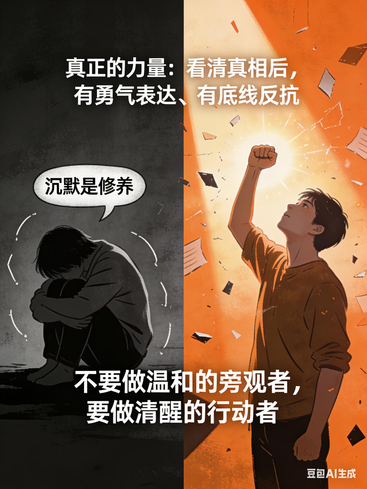 许多人将沉默视作修养，实则沉默不过是无能的妥协。真正的力量，是洞悉真相之后，
