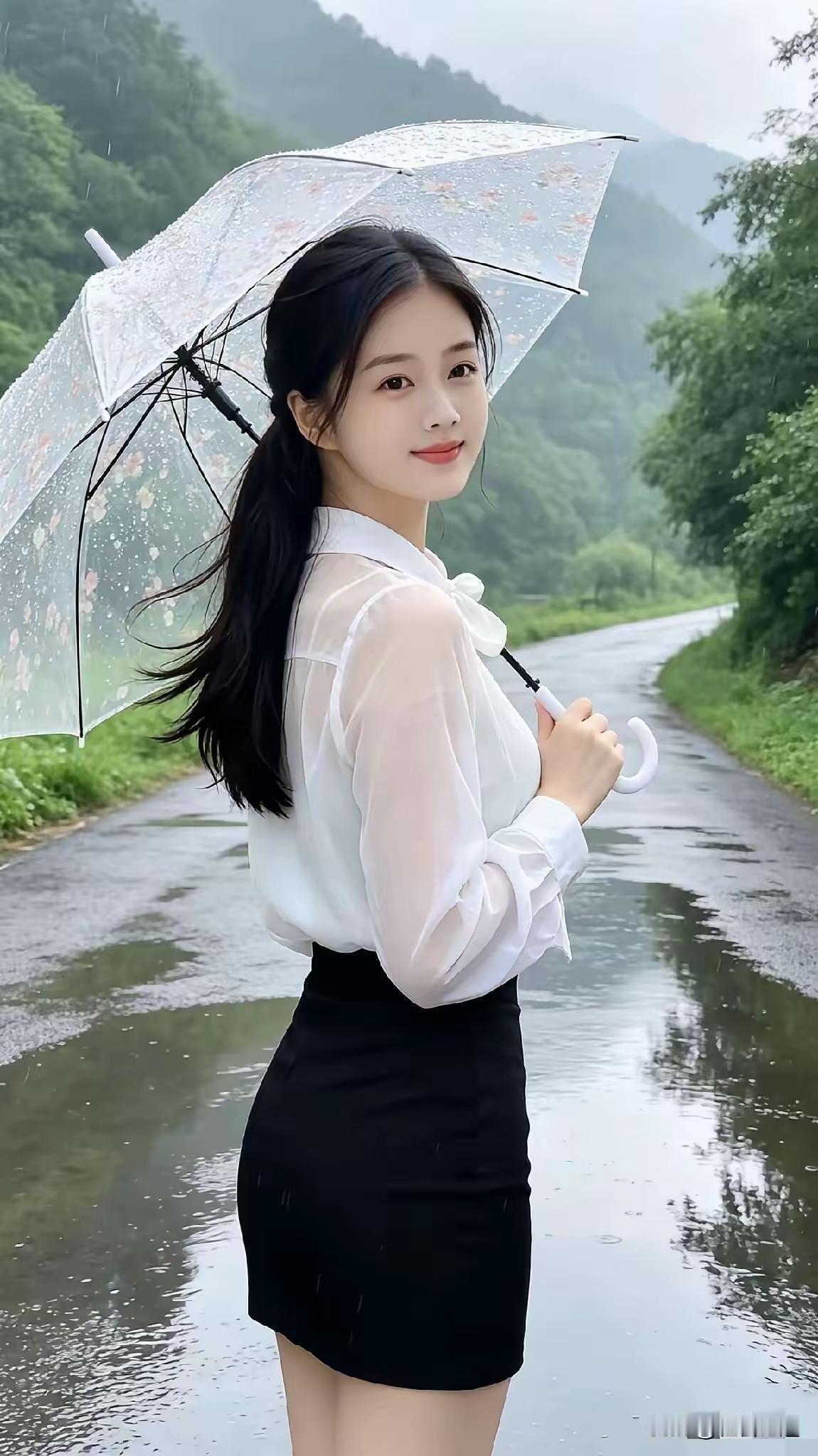 撑着伞在雨中漫步，风景真美。