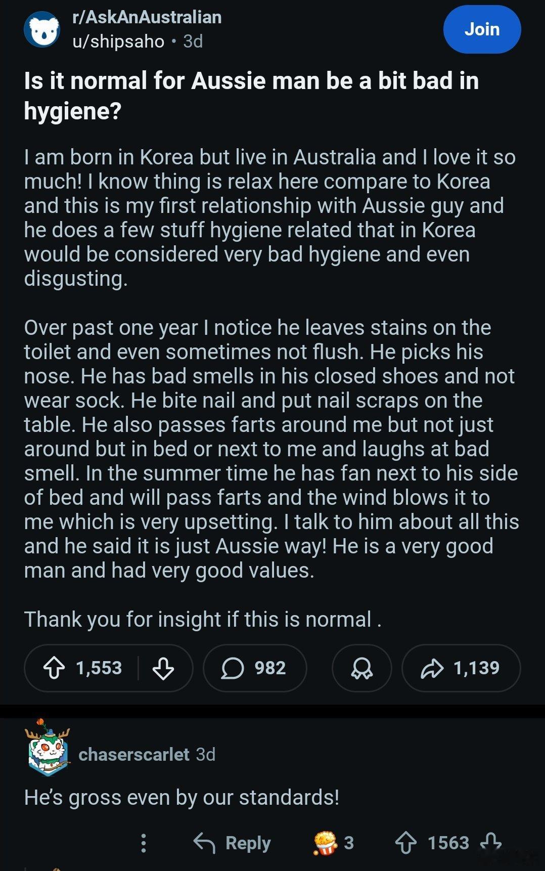 有人问：澳洲男人有点不讲卫生正常吗？一个韩国女性回答：我出生在韩国，但现在住在澳