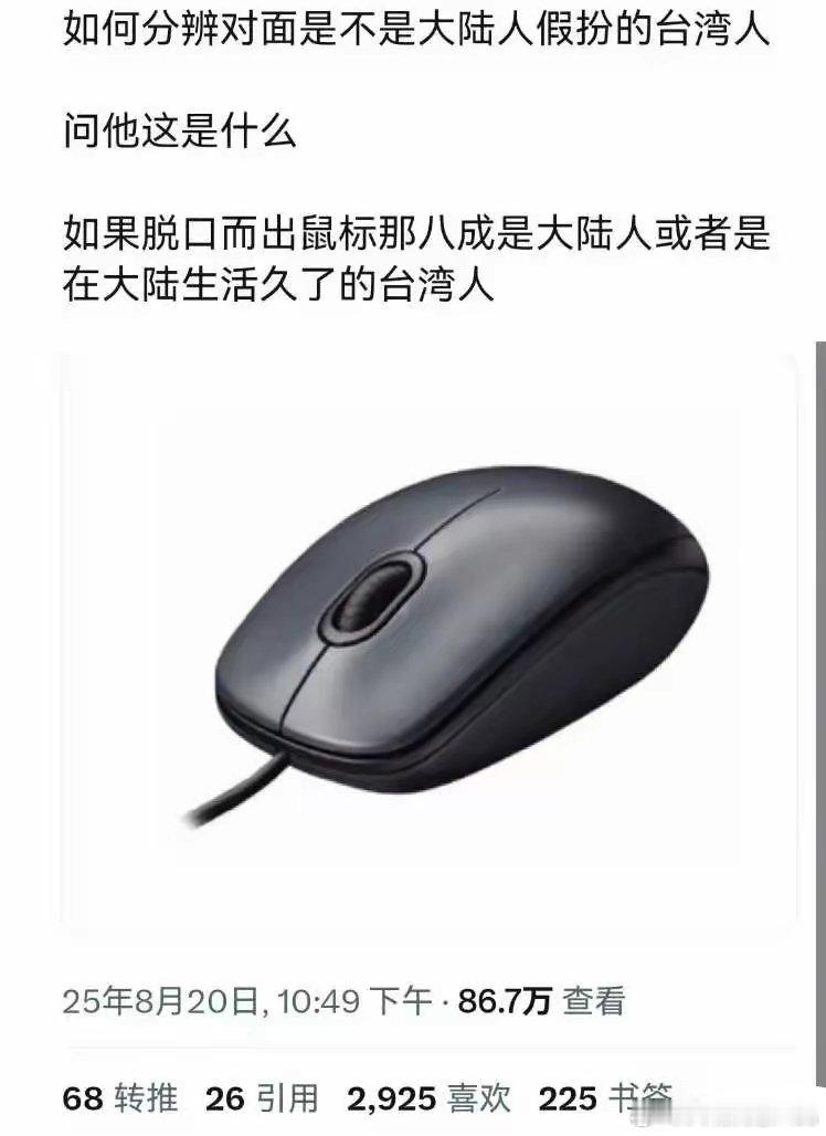 大陆叫鼠标，以眼见为实。台湾叫滑鼠，以触感为实。还有弯弯的打印机叫印表机，内存