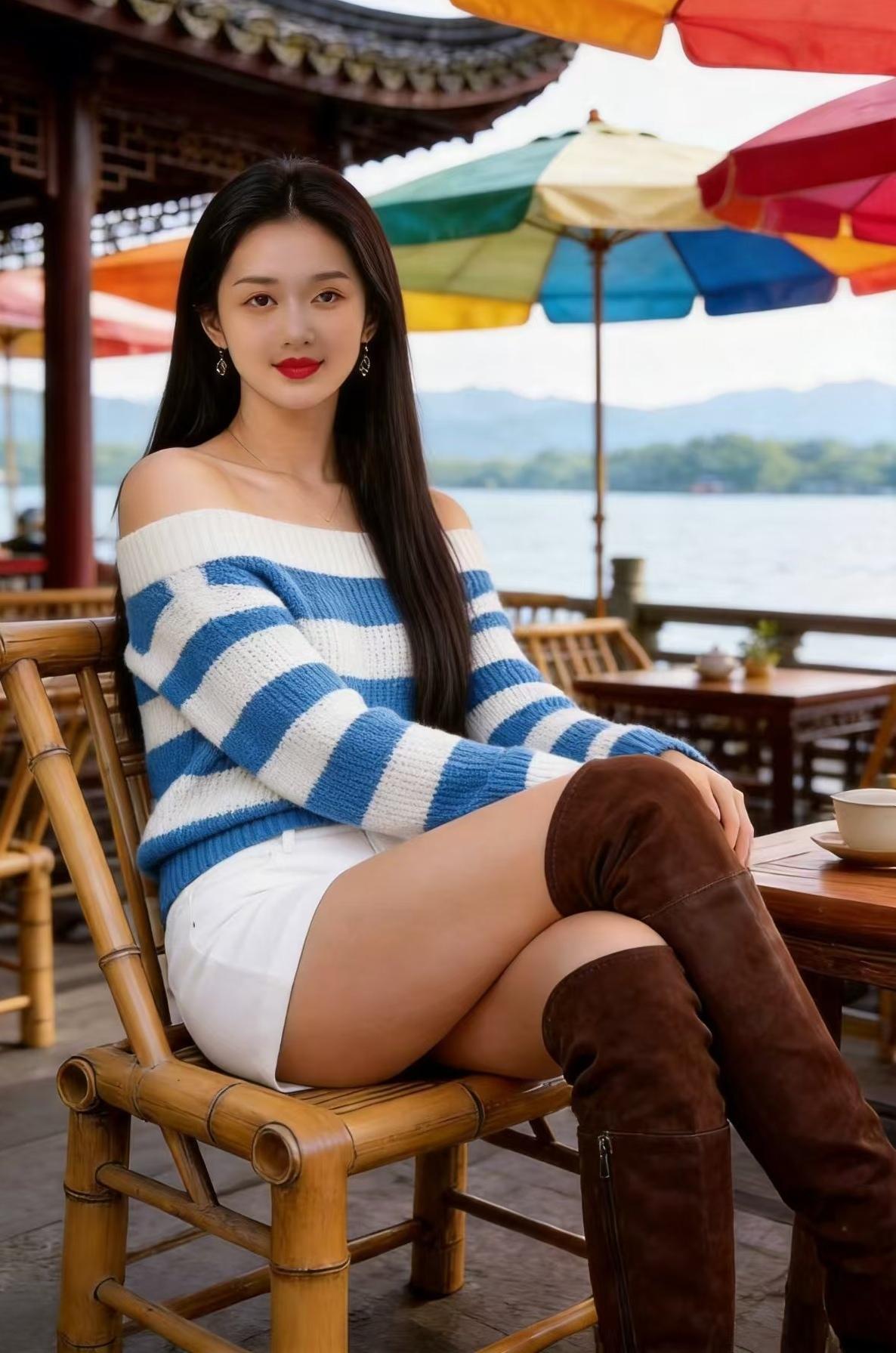 湖边休闲-亭下闲坐一等闲，湖水潋滟等一身清爽爱湖光-彩伞、古亭、西湖与