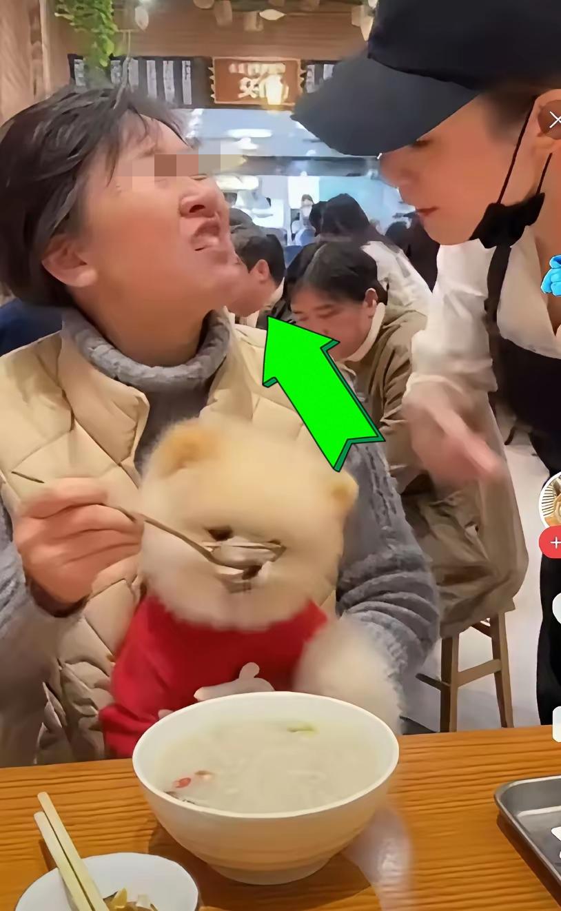 一个大妈抱着狗子在餐厅用餐，还用勺子和碗喂饭。服务员过来阻止，她的牙呲的比狗还凶