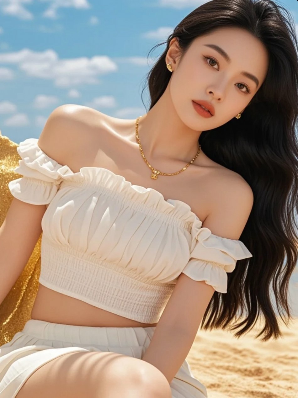 她穿着美丽服饰，在沙滩上翩翩起舞