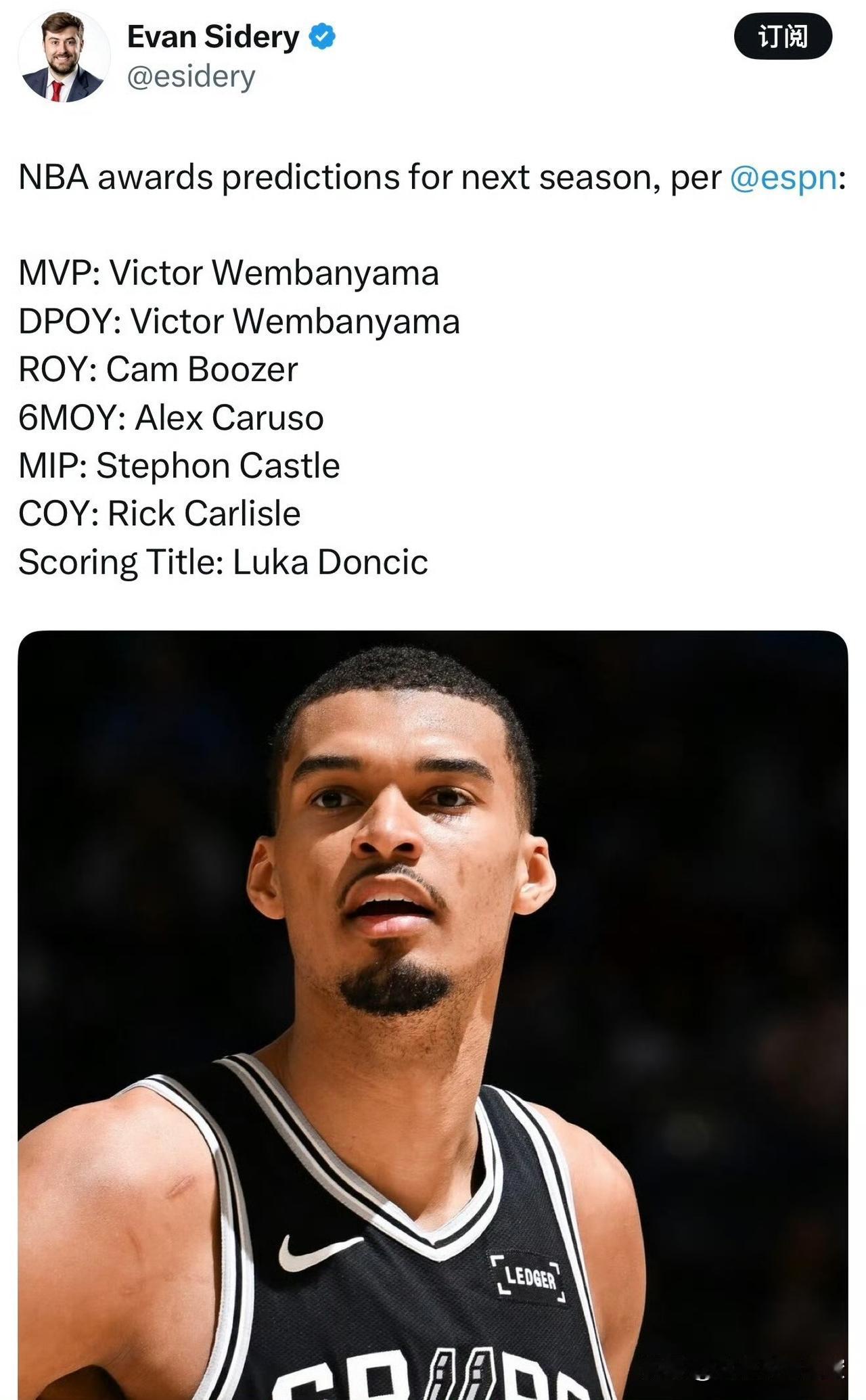 ESPN预测下赛季NBA各大奖项归属：常规赛MVP：文班亚马最佳防守球员：