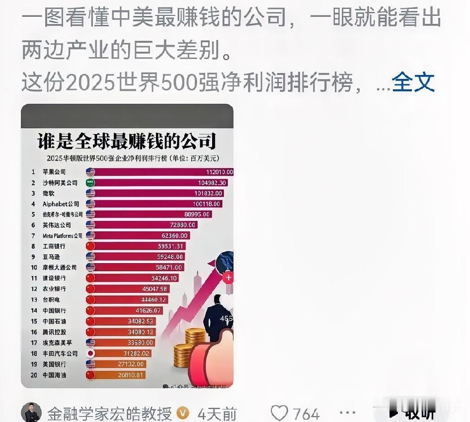 一张利润榜单，可以看出中美赚钱的公司确实不一样。2025世界500强净利润前2