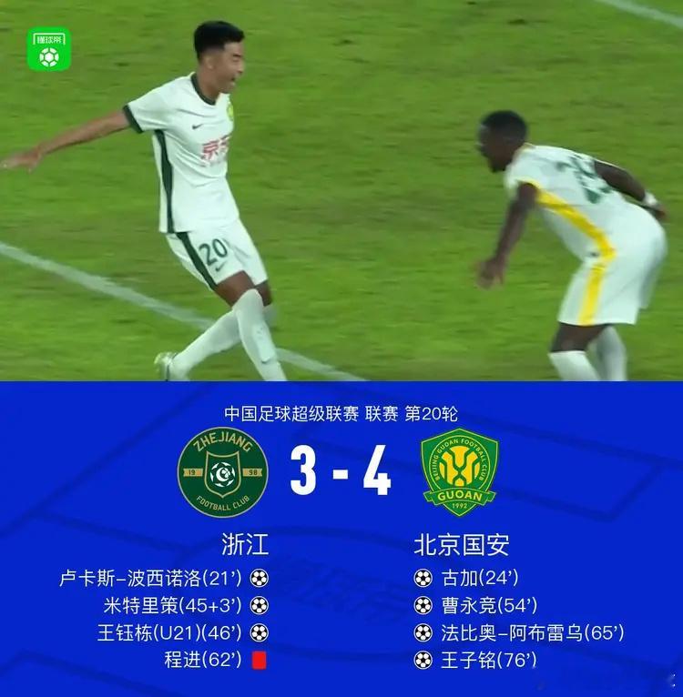 国安连入三球4-3逆转十人浙江，王子铭替补制胜，王钰栋传射北京时间8月1
