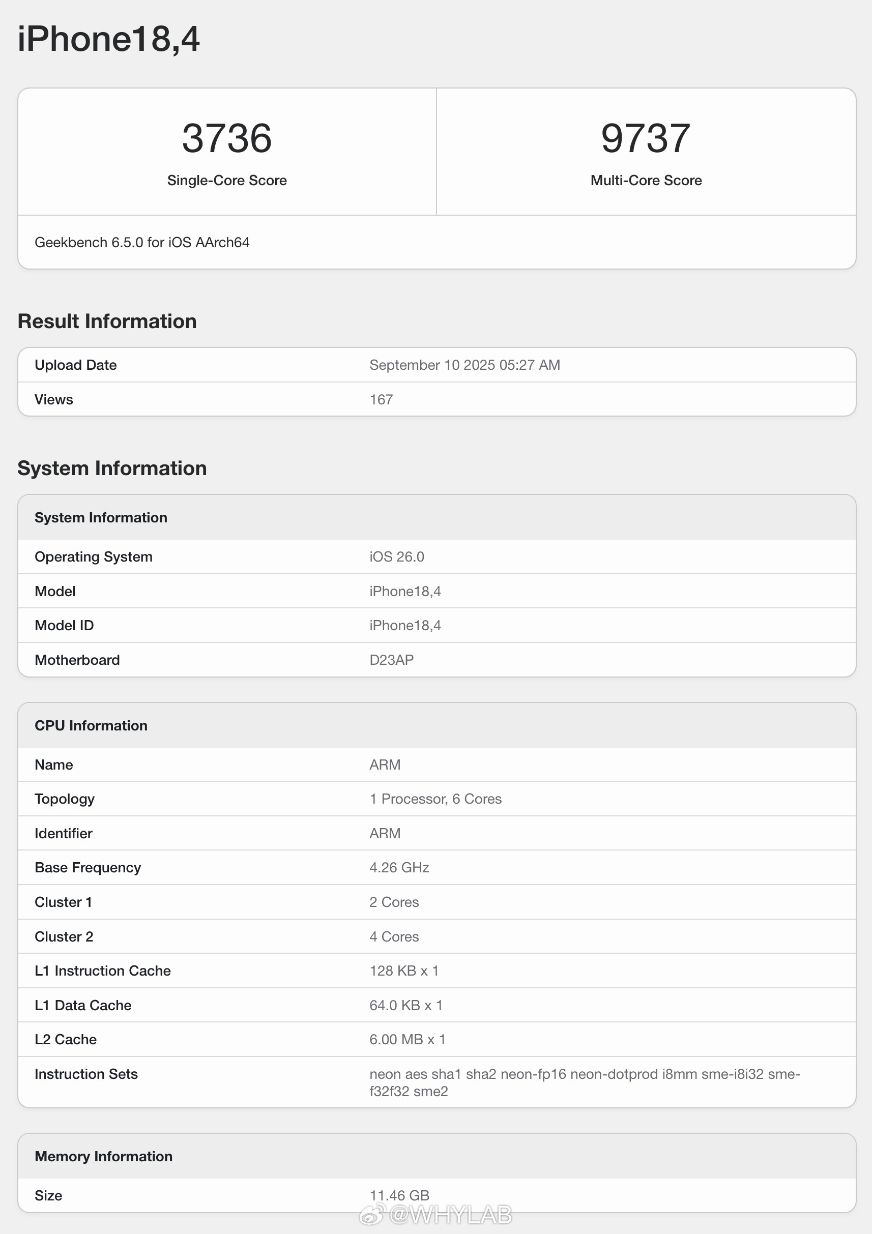 苹果A19Pro芯片的Geekbench6跑分来了，iPhone1