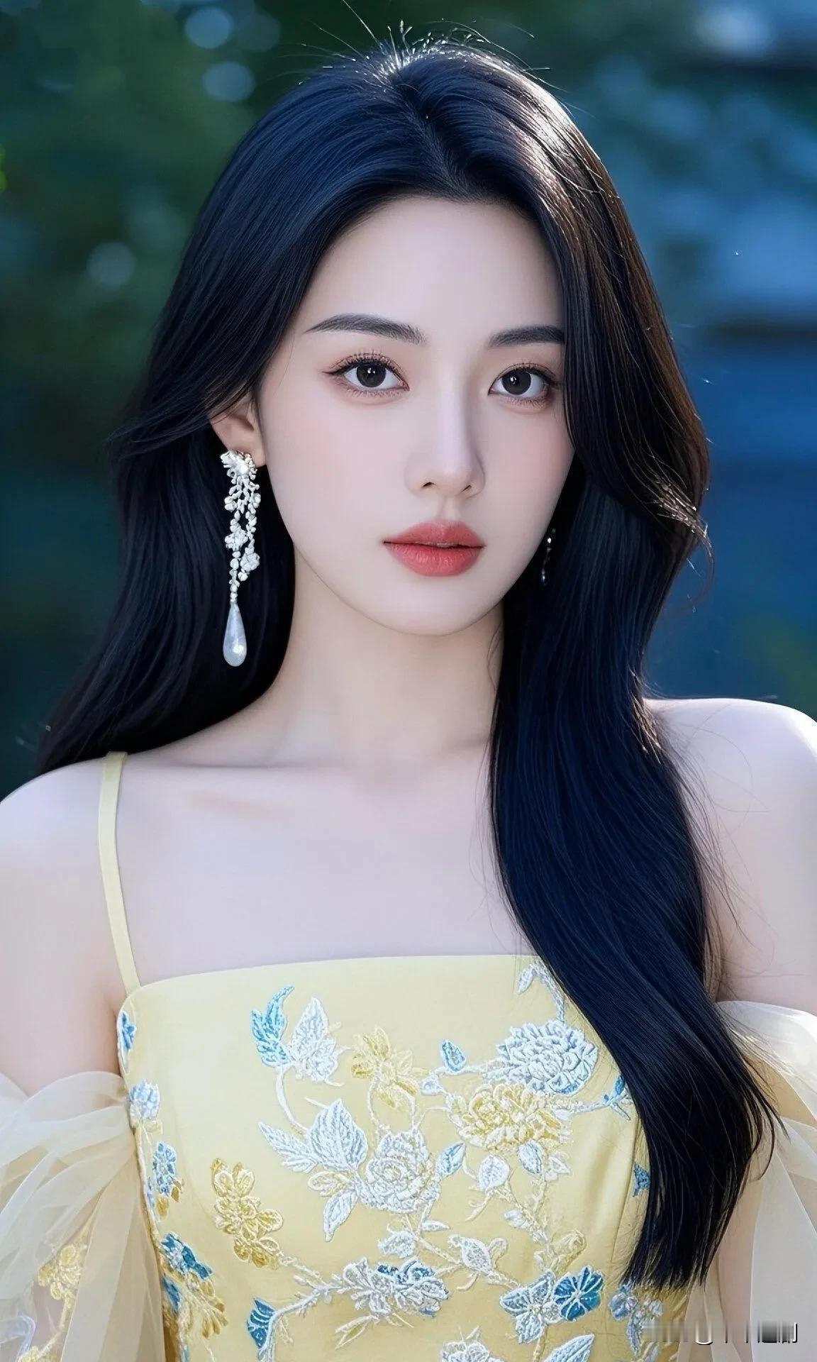 鹅黄裙绣着金枝花，露肩的柔裹在纱袖里，耳间碎钻轻闪时，黑发都浸了暖意。裙畔秀姿