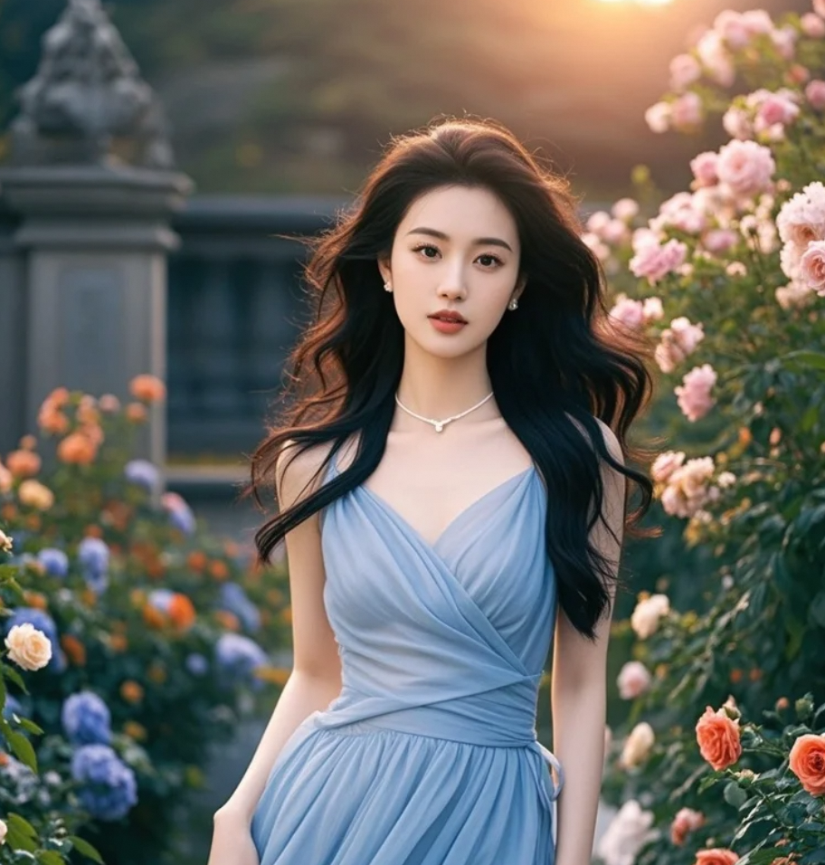 晚风中的东方倩影，长发与温柔笑容交织成动人诗行