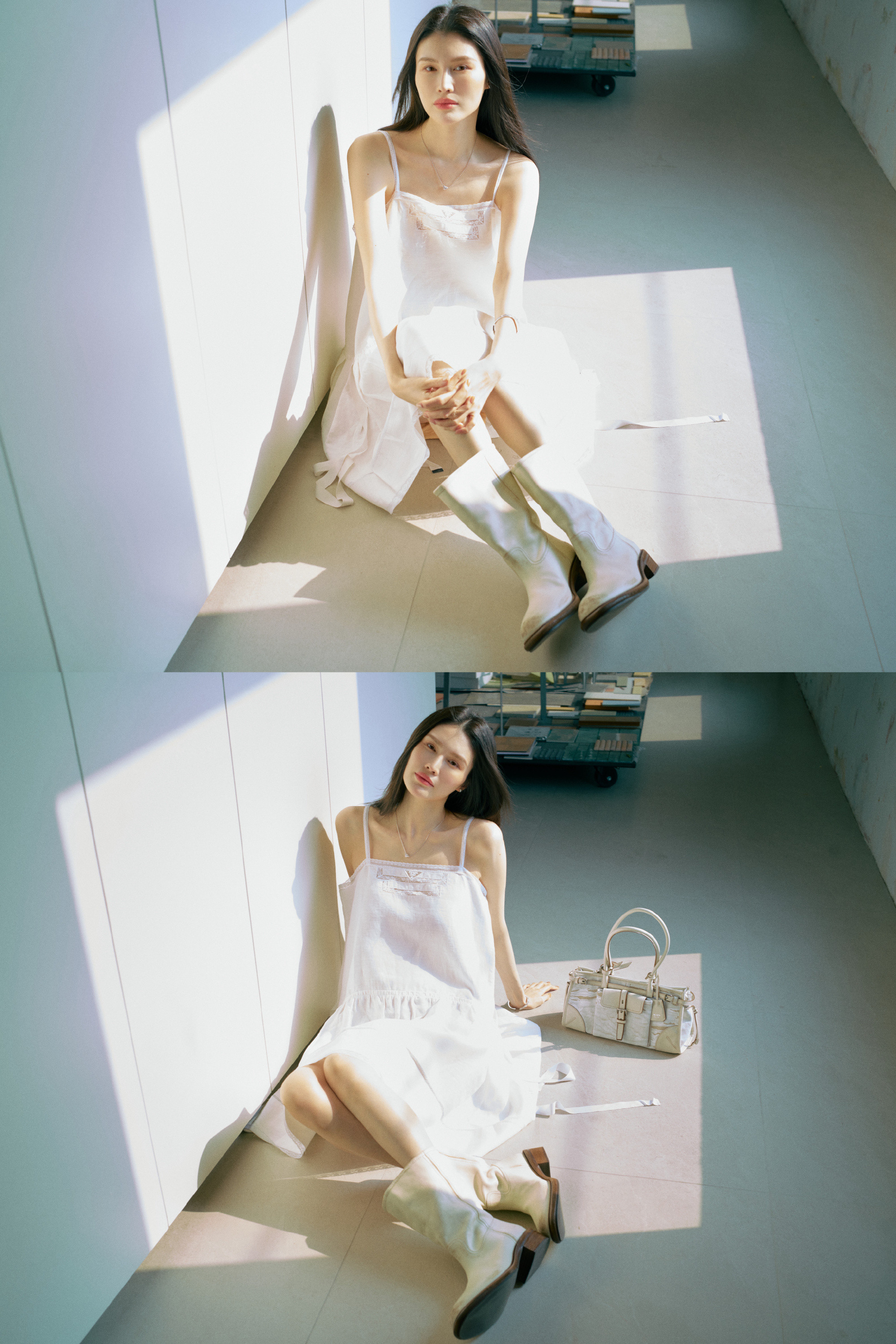 何穗Prada白色迷你裙，Prada精品珠宝Eternal Gold系列