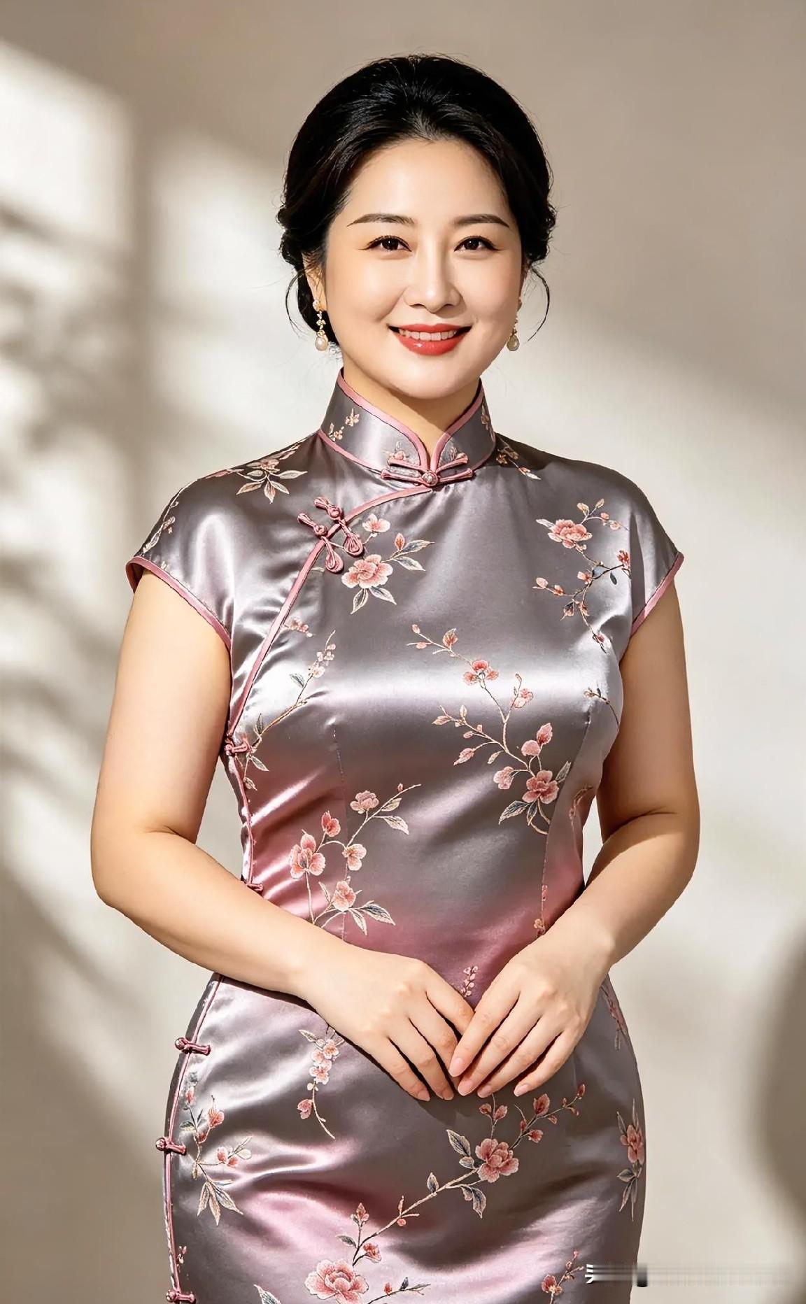 银灰锦缎，暗香盈袖，盘扣轻锁住岁月温婉。花影流转间，旗袍勾勒出东方雅韵。浅笑嫣然