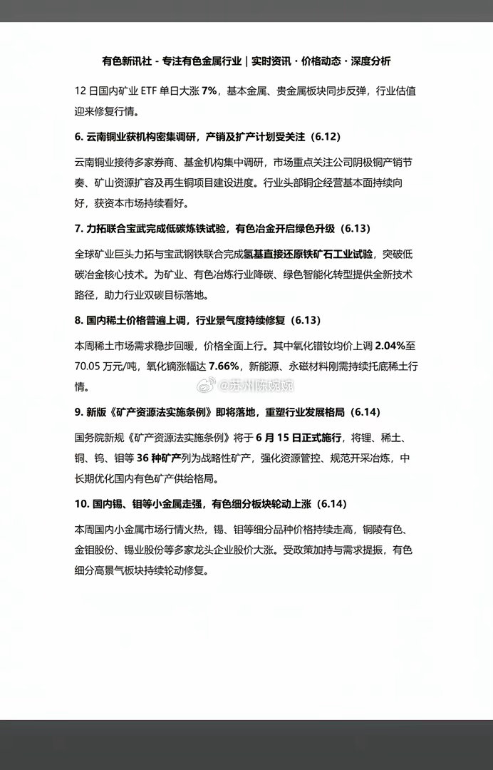 6.15周一最新：矿业+有色新闻汇总！1.铜供应紧缺，支撑铜价高位2.墨西哥