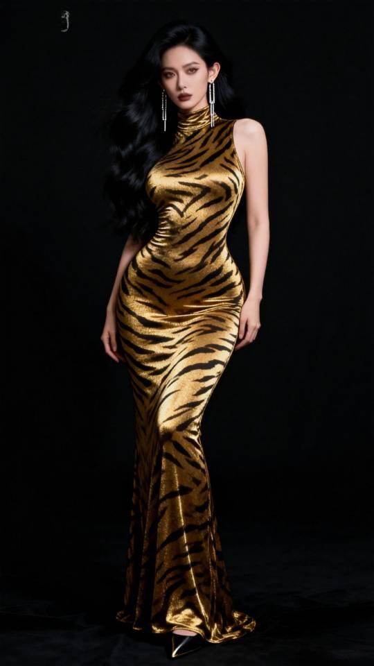 身穿虎纹晚礼服长裙女子写真。晚礼服气质晚礼服裙