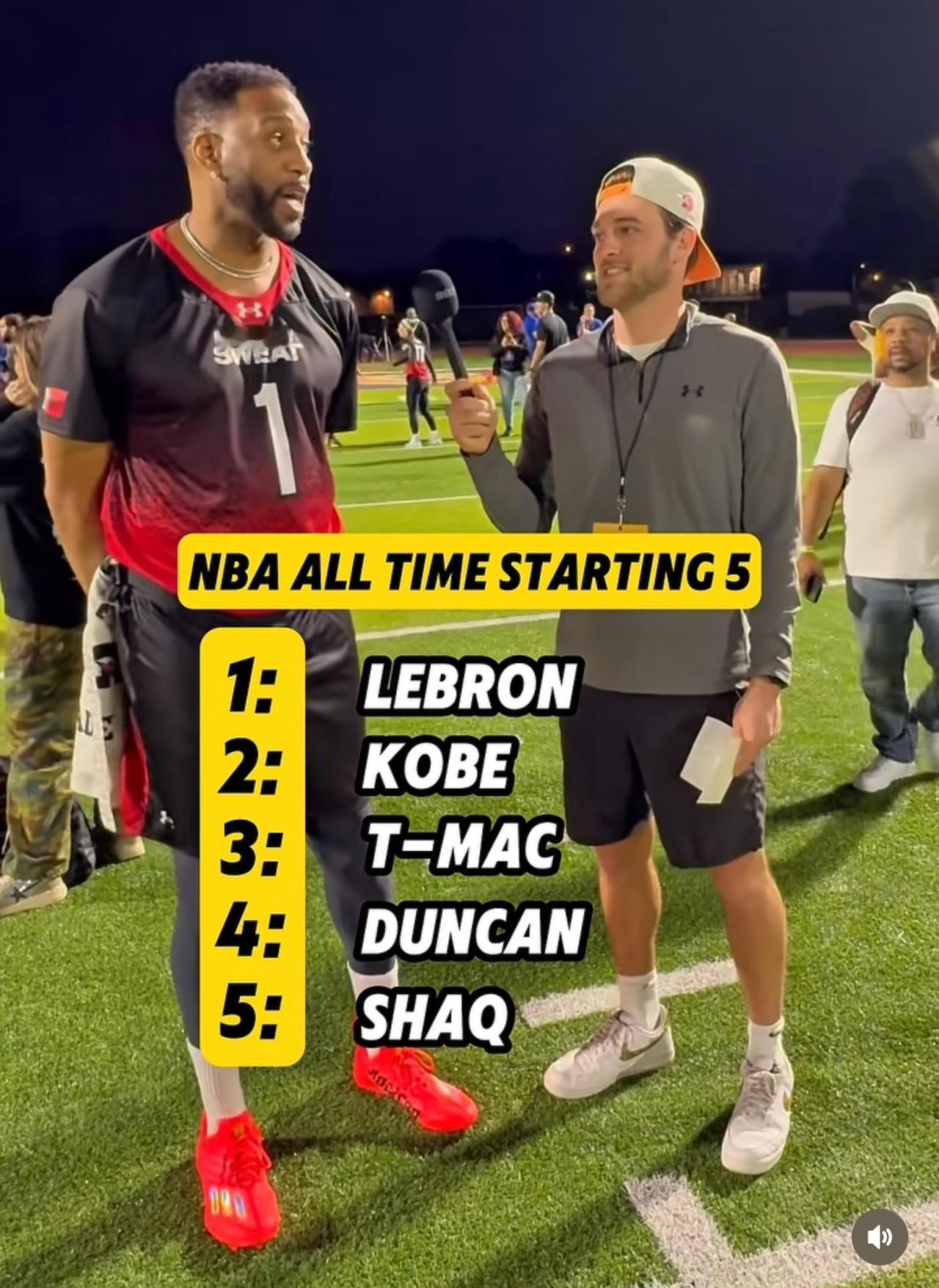 麦迪选历史最佳阵容：控卫——詹姆斯得分后卫——科比小前锋——自己大前锋—