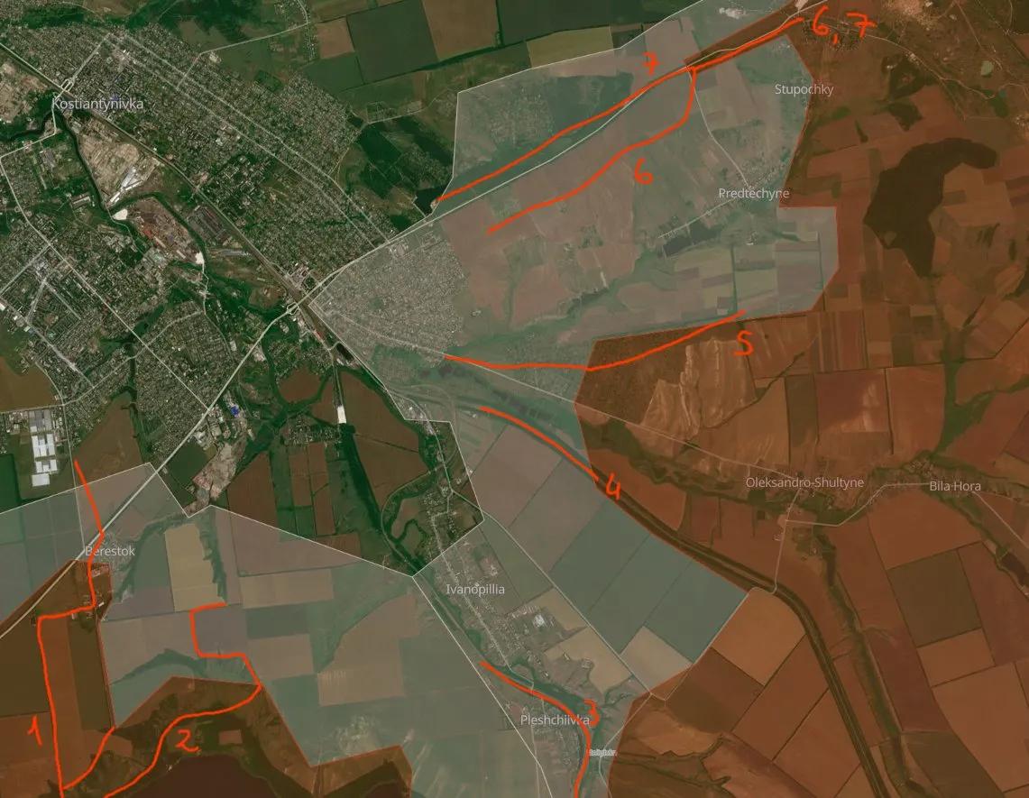 康斯坦丁尼夫卡战况（近两日详情）图中箭头均为红色：俄军近期发起的进攻无一成功。