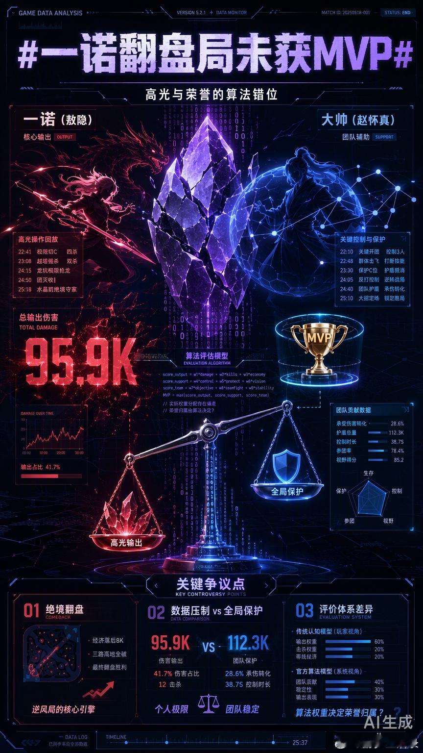 一诺这波翻盘局没拿到MVP，看着确实有点憋屈。在KPL的这套“算法系统”里，辅助大帅拿奖或许是因为他