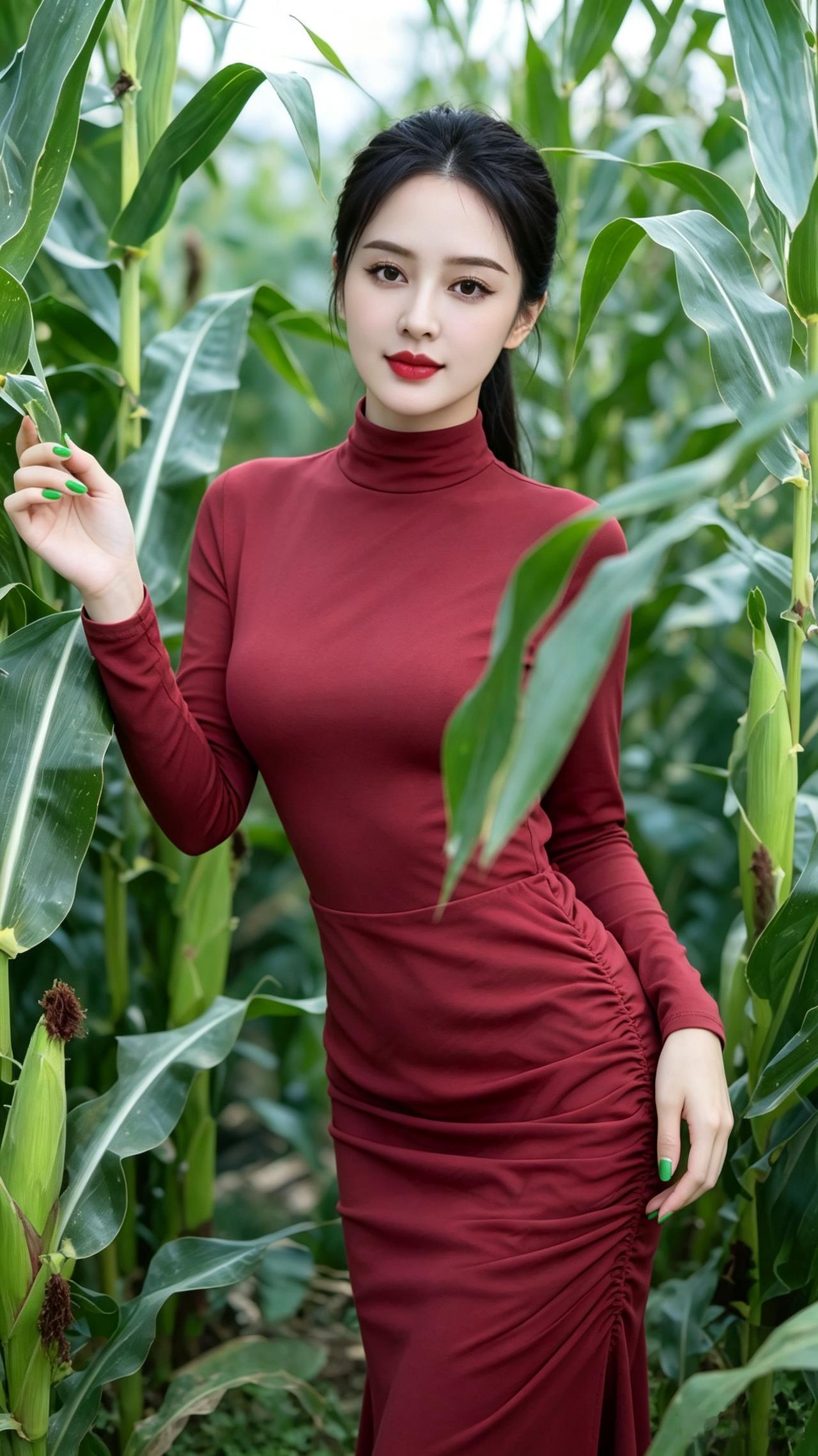 玉米田佳人青秆层层掩翠纱，红裙立在野田家。轻扶玉穗凝眸望，一抹温柔胜落花